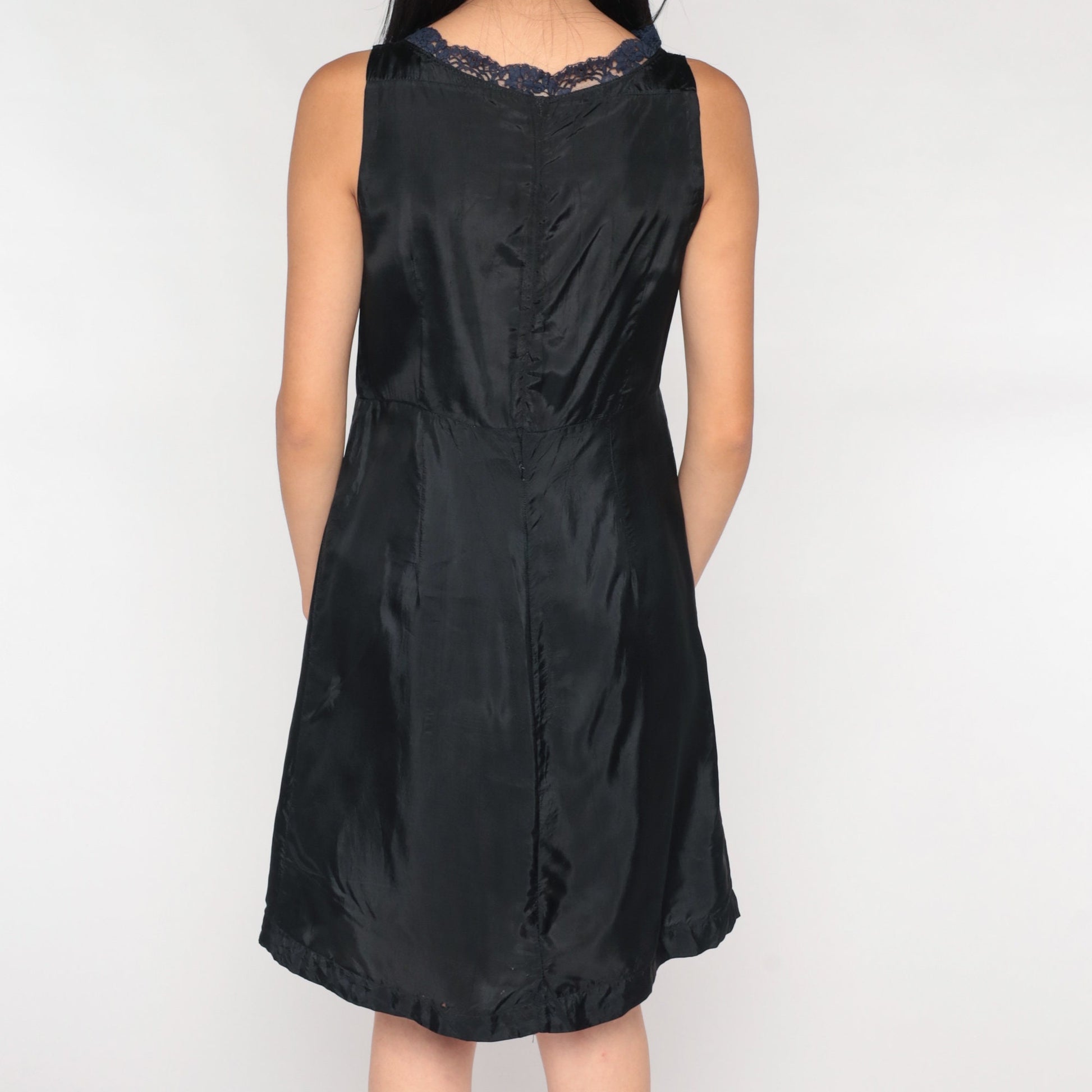 60s Black Slip Dress Blue Lace Trim Mini Nylon Nightgown Small S