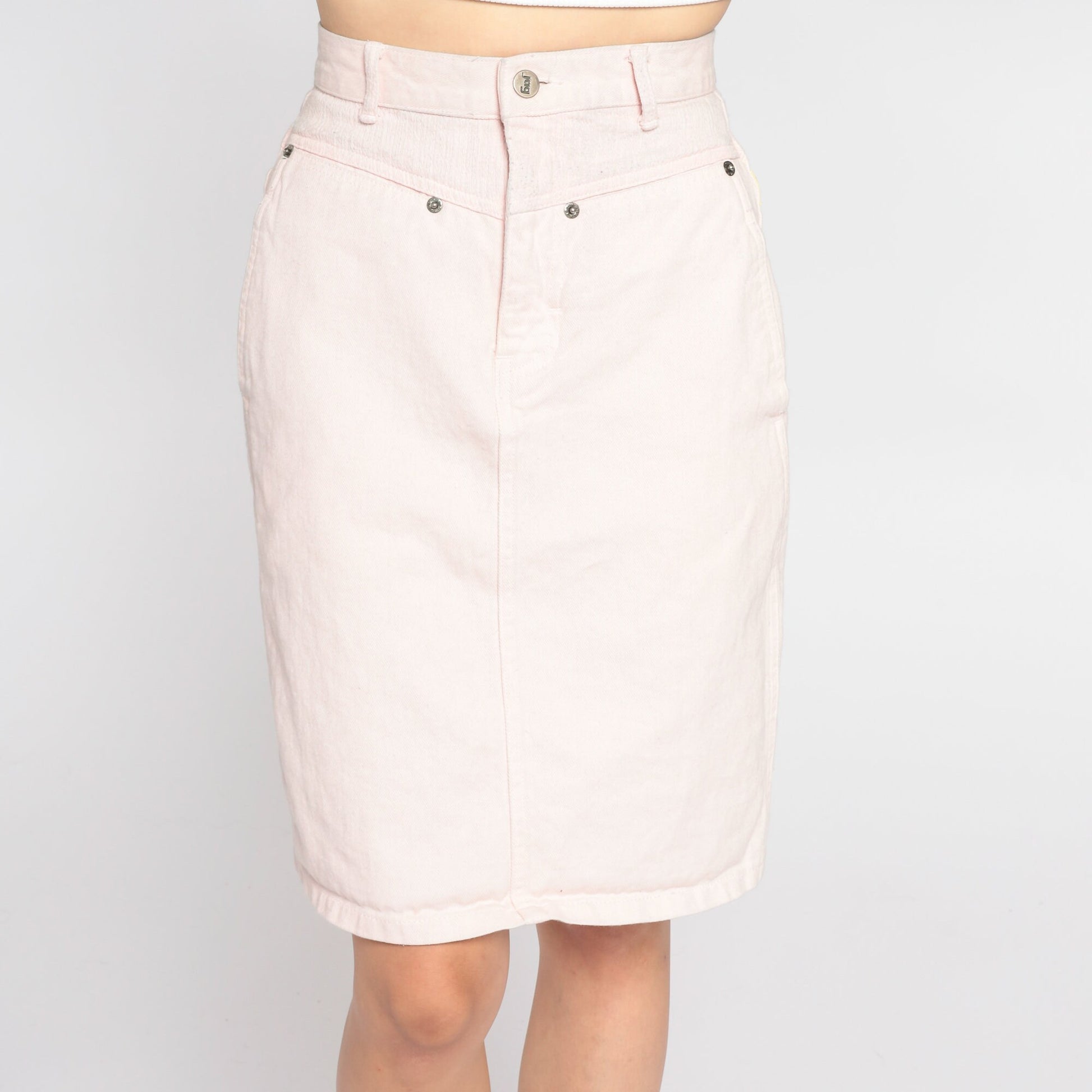 90s Jag Pale Pink Denim Mini Skirt High Waist Pencil Cut Extra Small