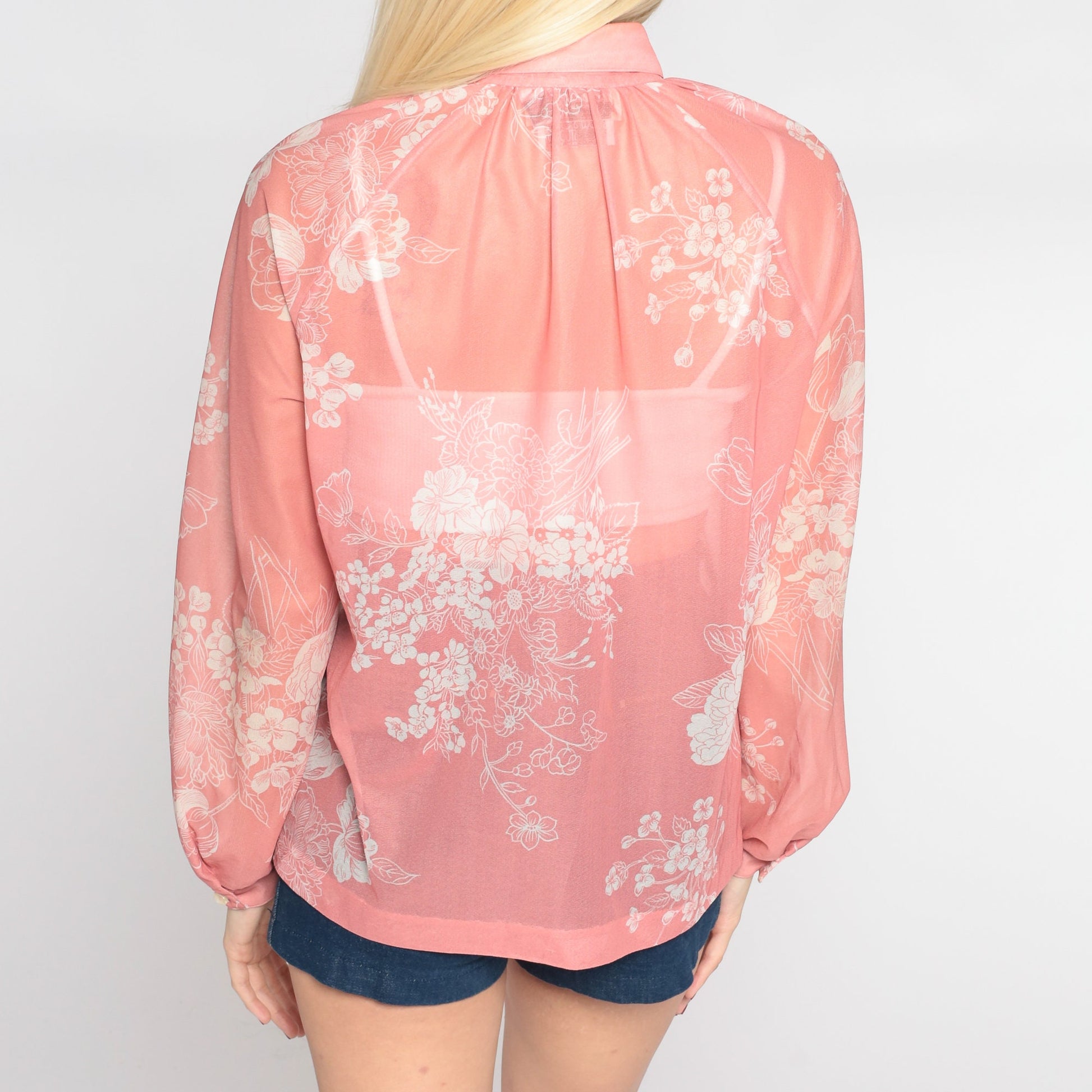 70s Sheer Pink Floral Button-Up Blouse Long Sleeve Collar Medium M