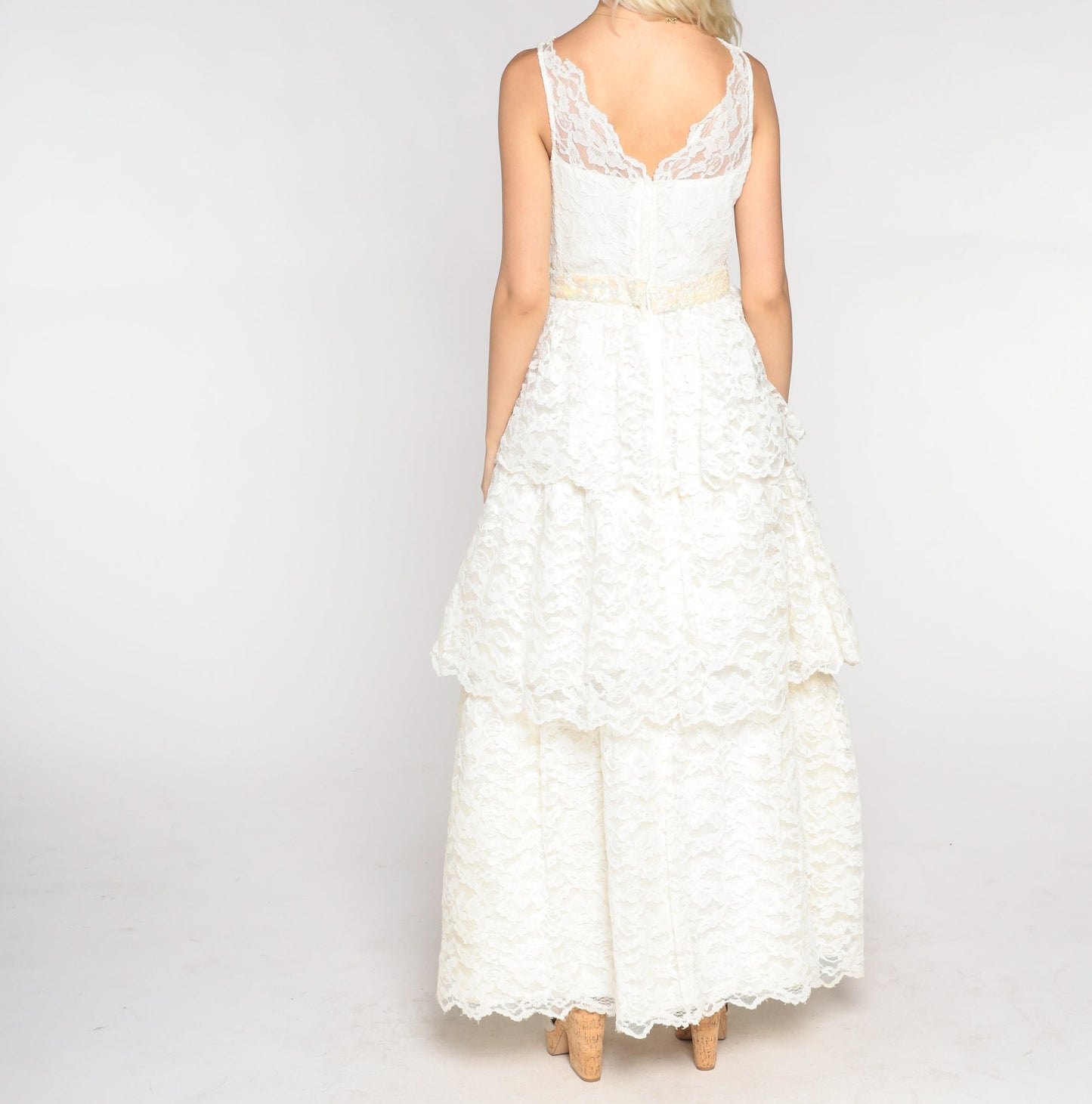 60s White Lace Wedding Dress Maxi Sweetheart Neckline Sequin Waist Extra Small