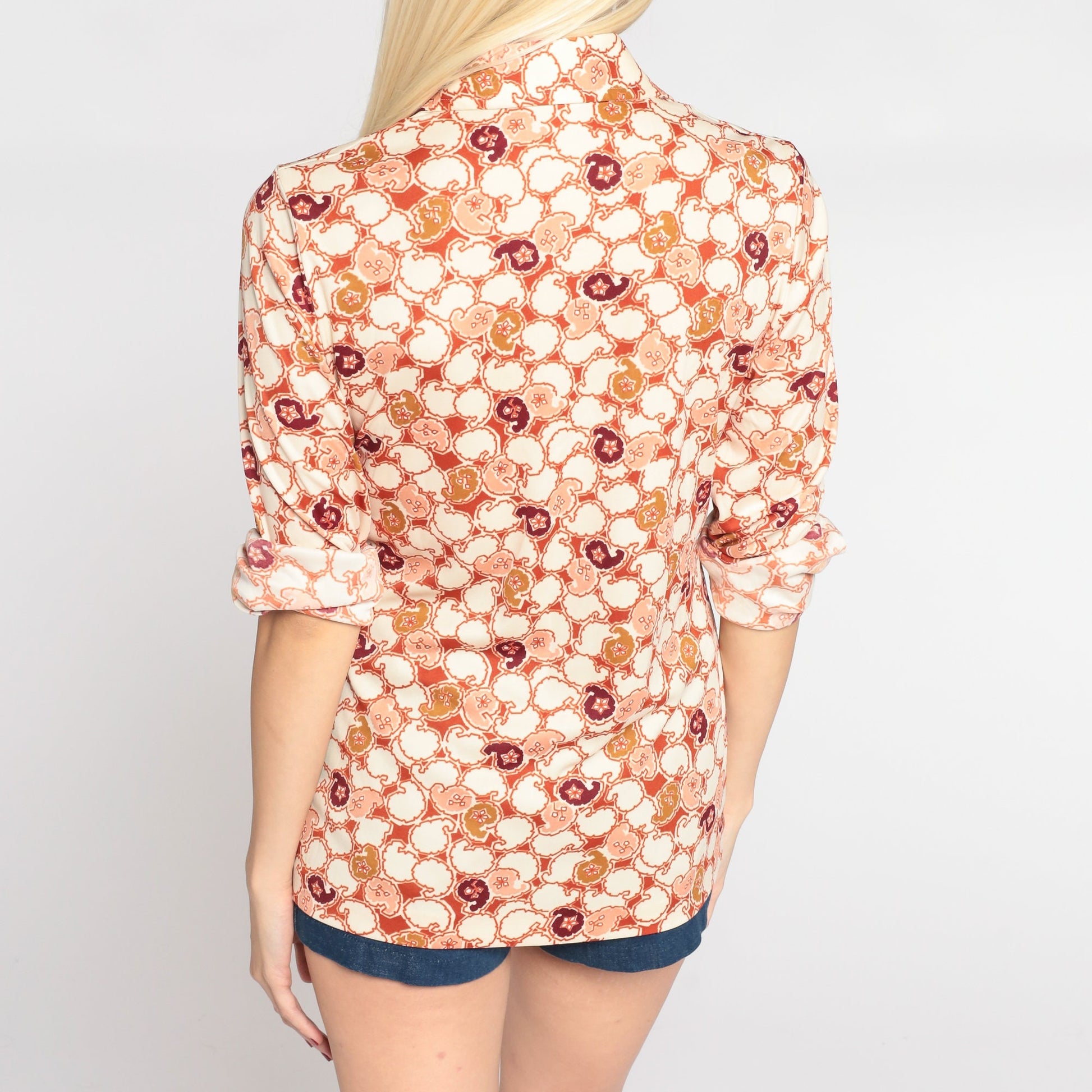 70s Orange Paisley Floral Button-Up Blouse Pointed Collar Long Sleeve Small