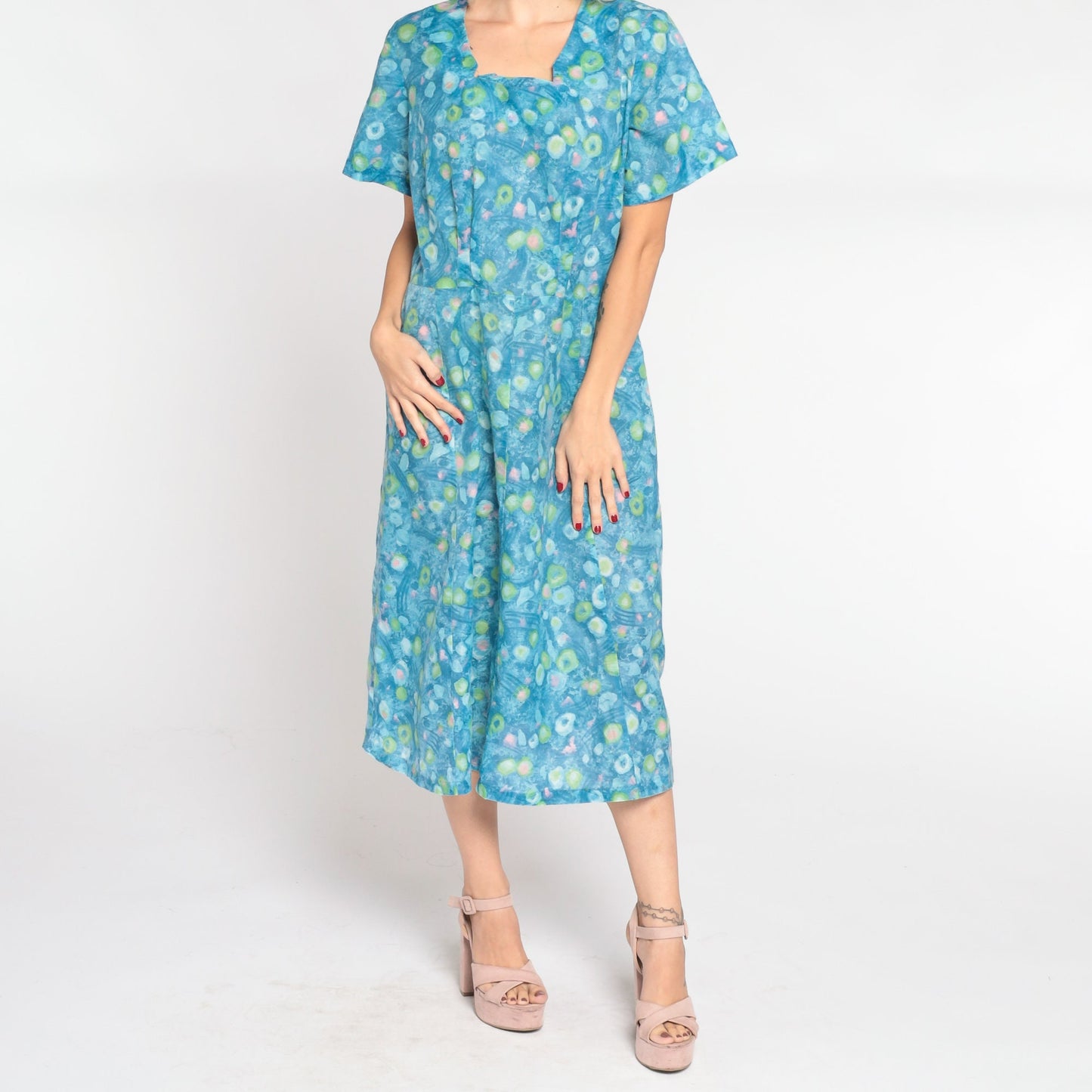 1960s Blue Abstract Dot Midi Dress Short Sleeve High Waist Large L