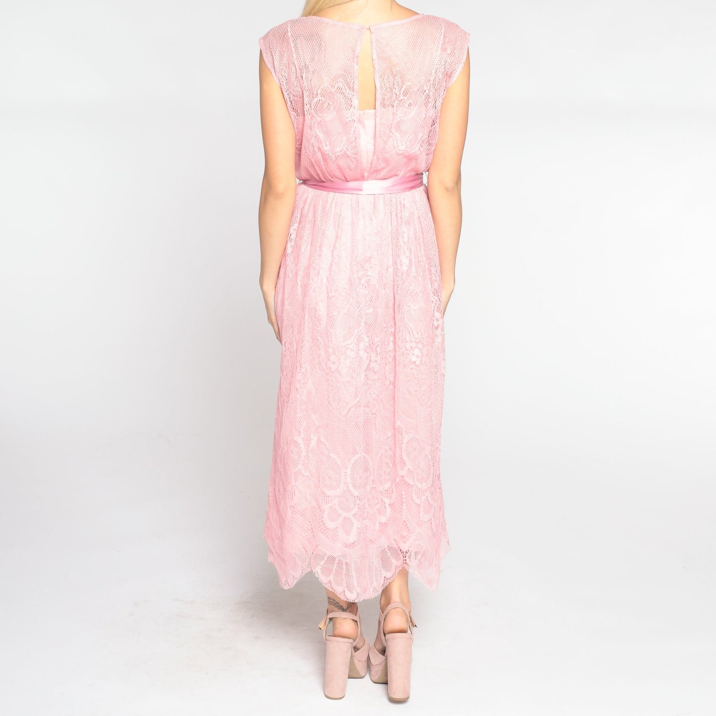 70s Pink Lace Midi Dress Cap Sleeve High Waist Ribbon Bow Scalloped Extra Small