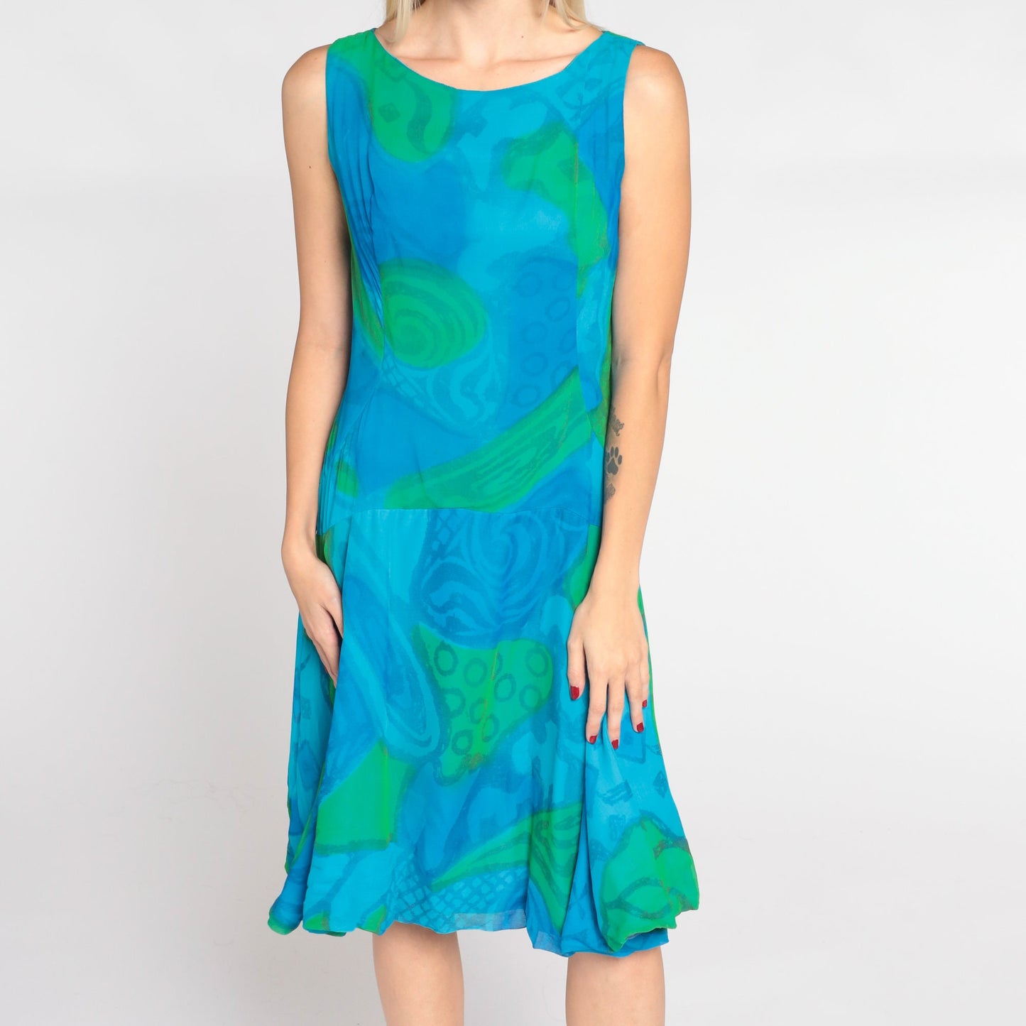 60s Mod Mini Dress Blue Abstract Print Sleeveless Drop Waist Small S