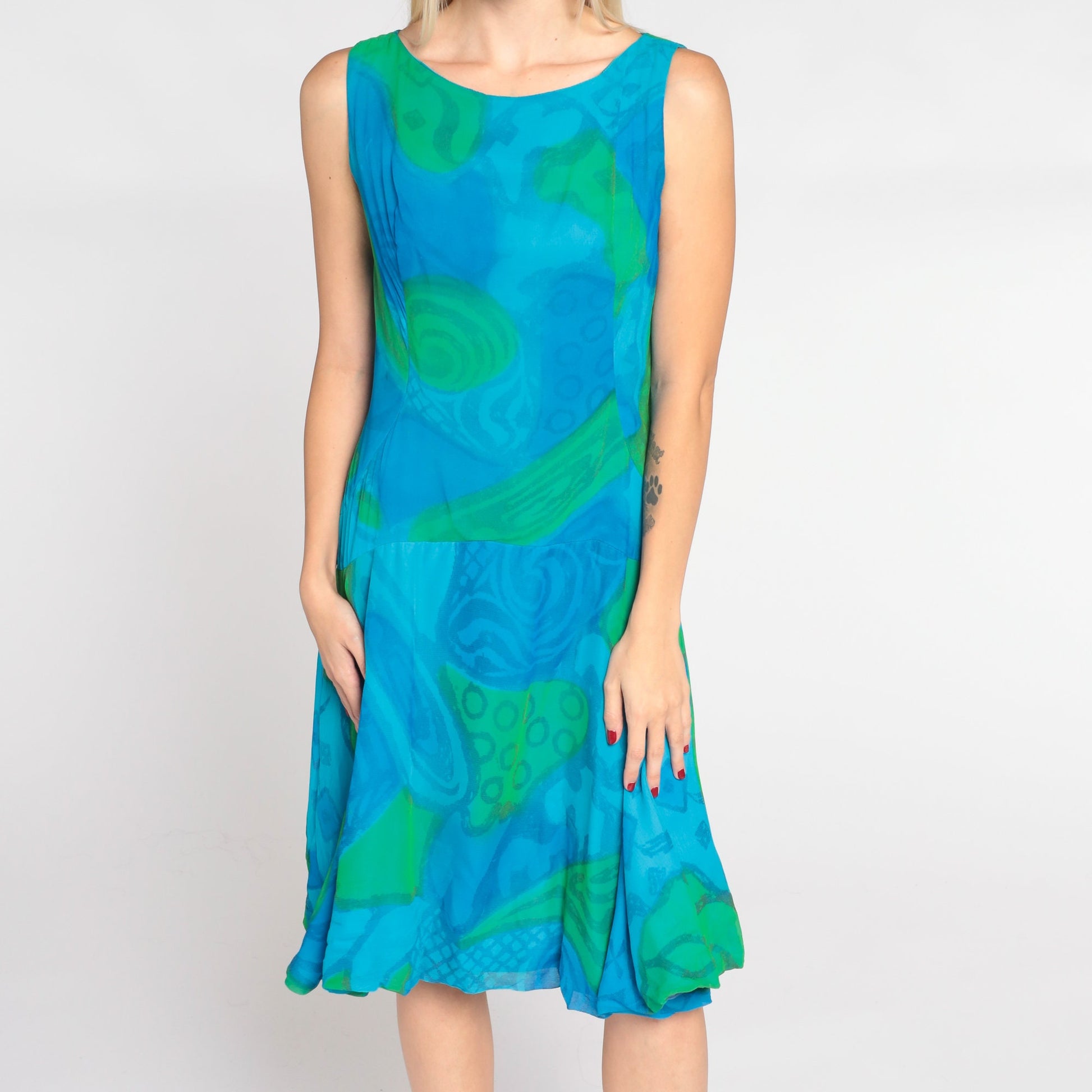 60s Mod Mini Dress Blue Abstract Print Sleeveless Drop Waist Small S