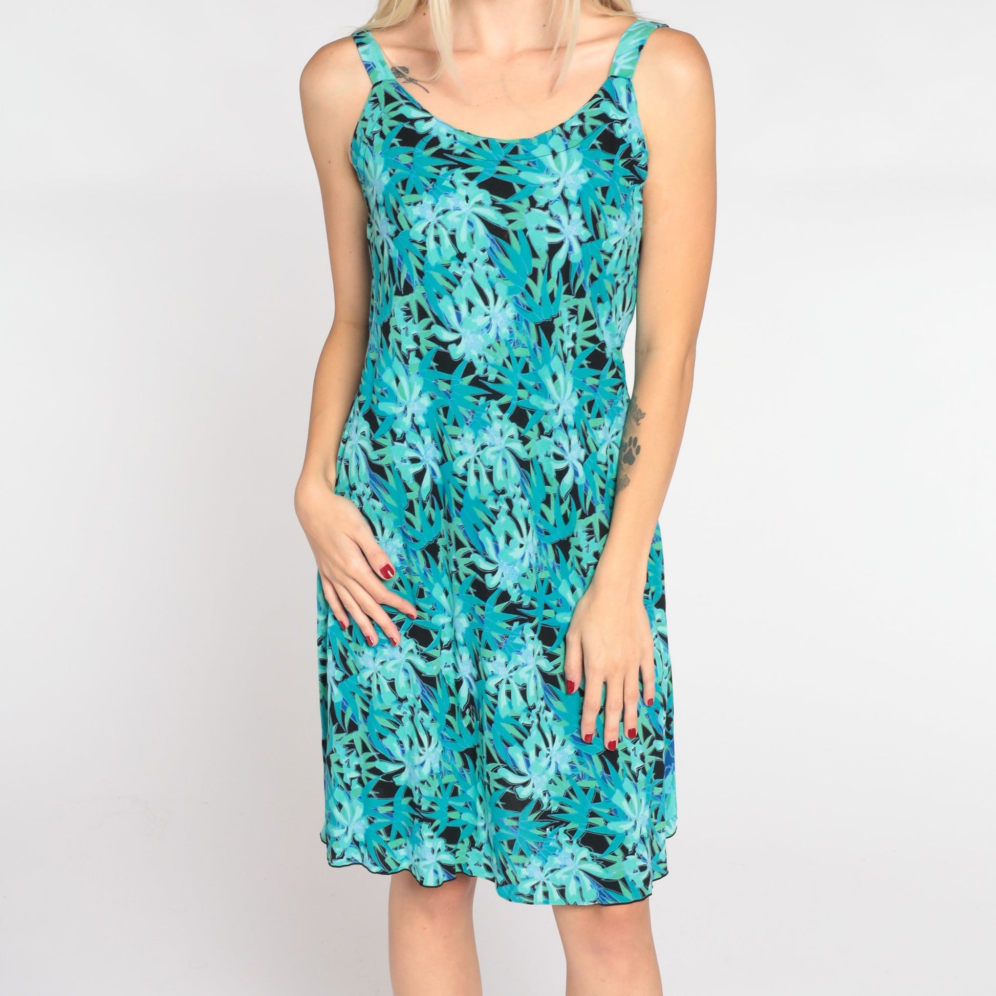 Y2K Tropical Floral Mini Dress Blue Orchid Leaf Print Sleeveless Small S