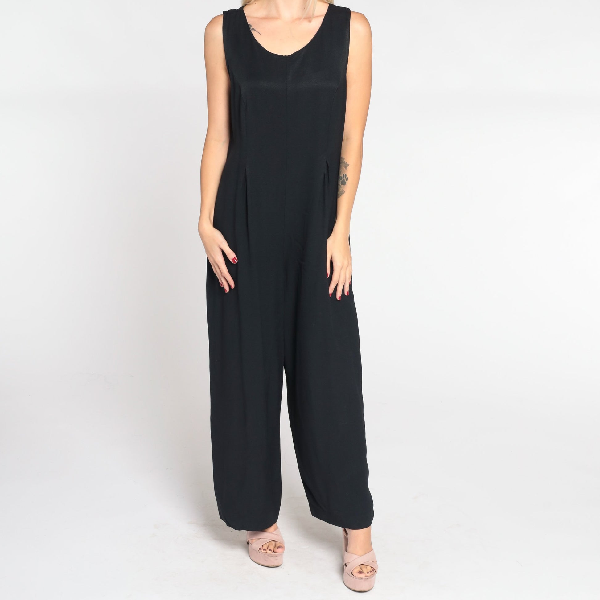 90s Black Jumpsuit Sleeveless Scoop Neck Wide Leg Pantsuit Medium