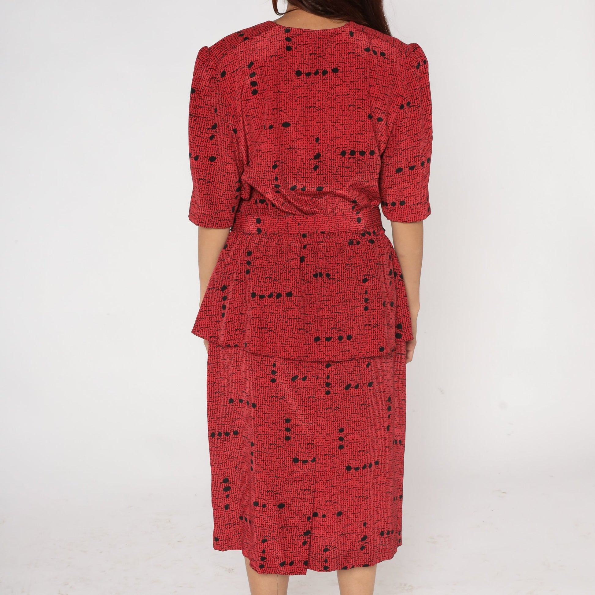80s Red Speckled Dot Print Peplum Dress Puff Sleeve High Waist Midi Large