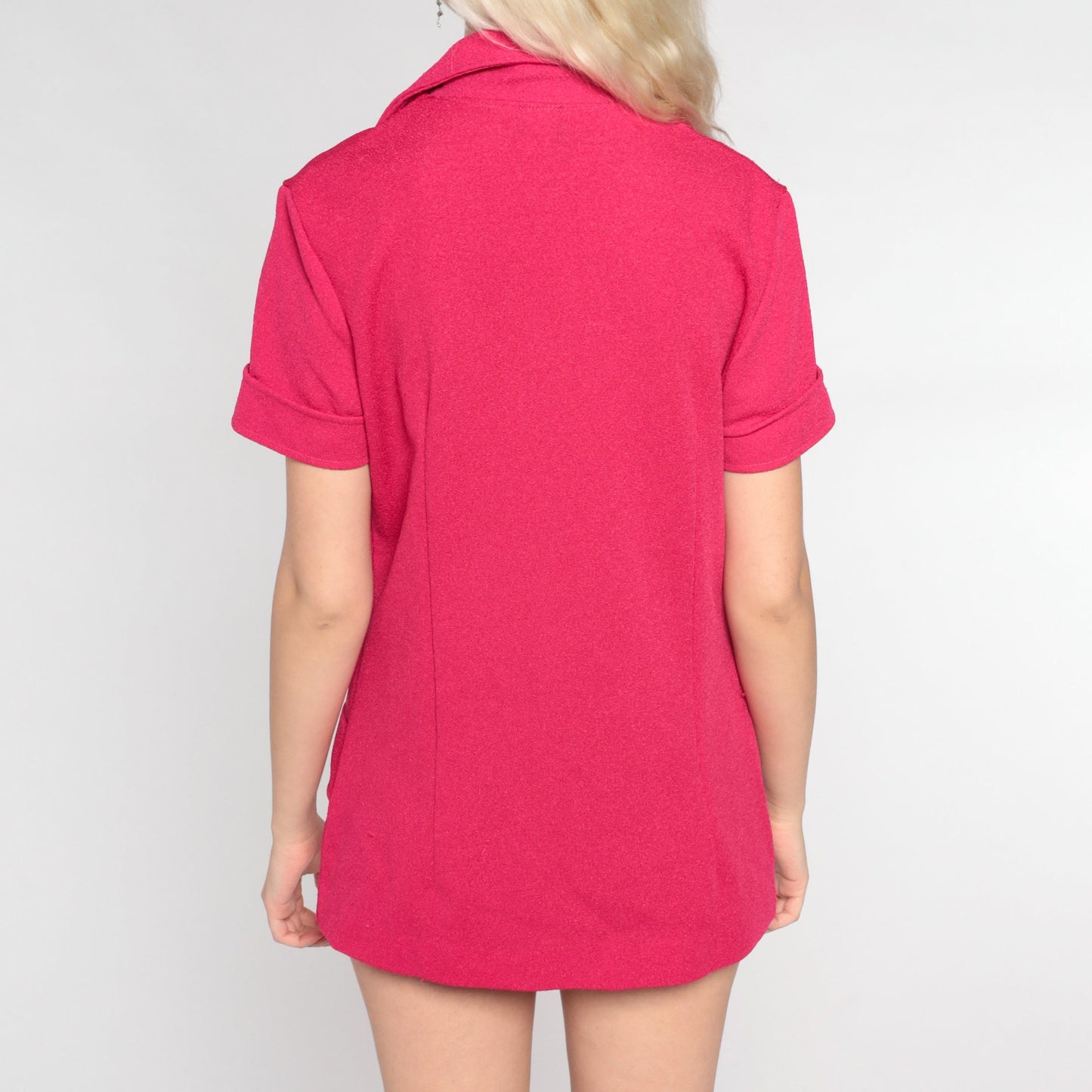 70s Fuchsia Pink Wing Collar Blouse Button-Up Short Sleeve Medium M