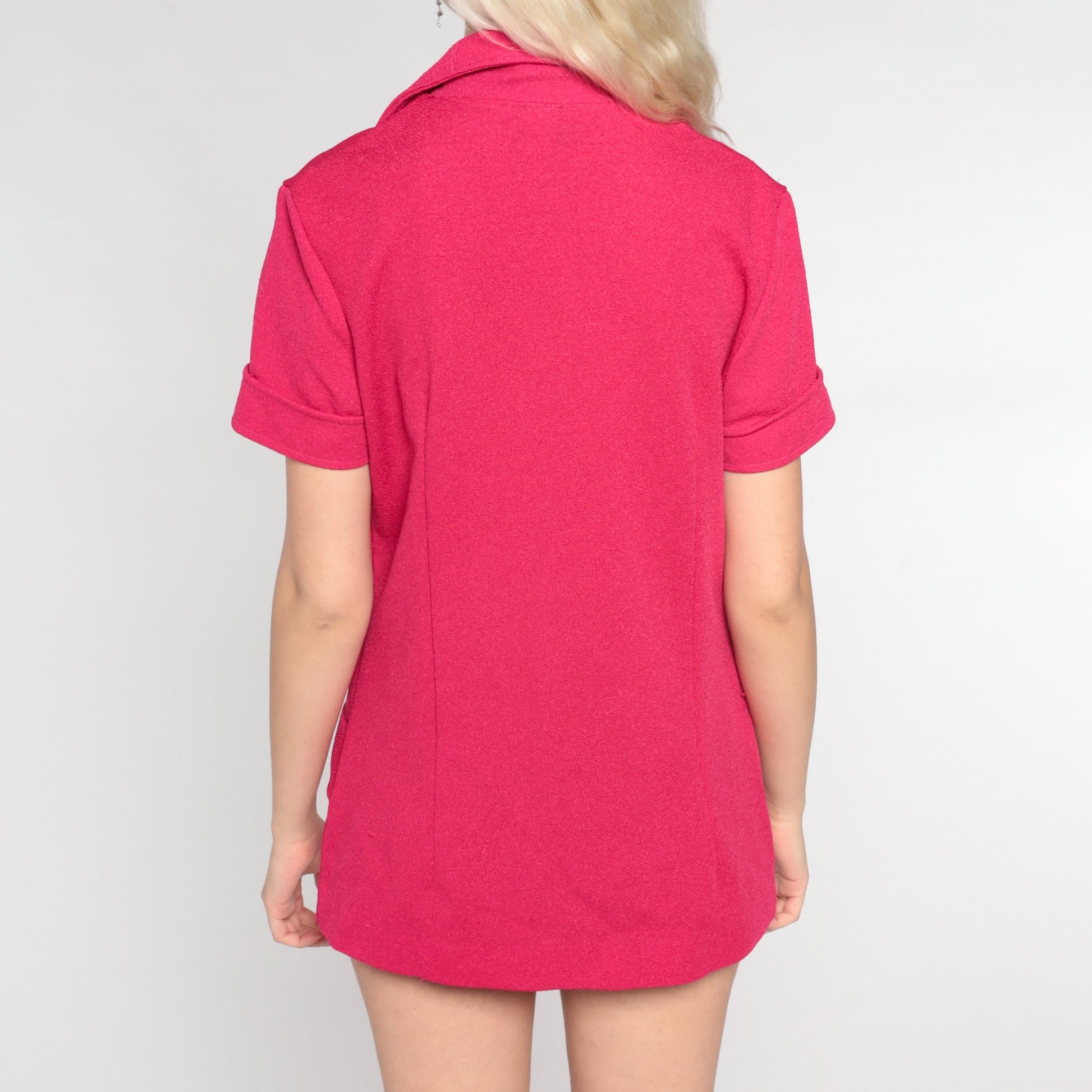 70s Fuchsia Pink Wing Collar Blouse Button-Up Short Sleeve Medium M