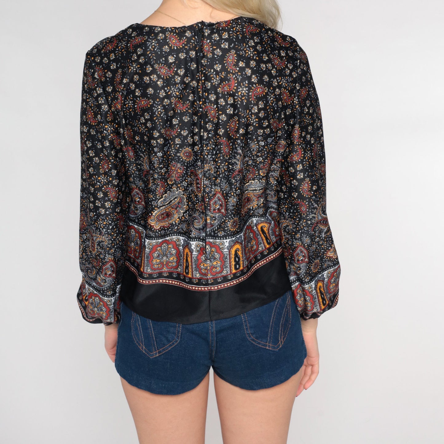 70s Paisley Floral Peasant Blouse Black Balloon Sleeve Zip Back Small