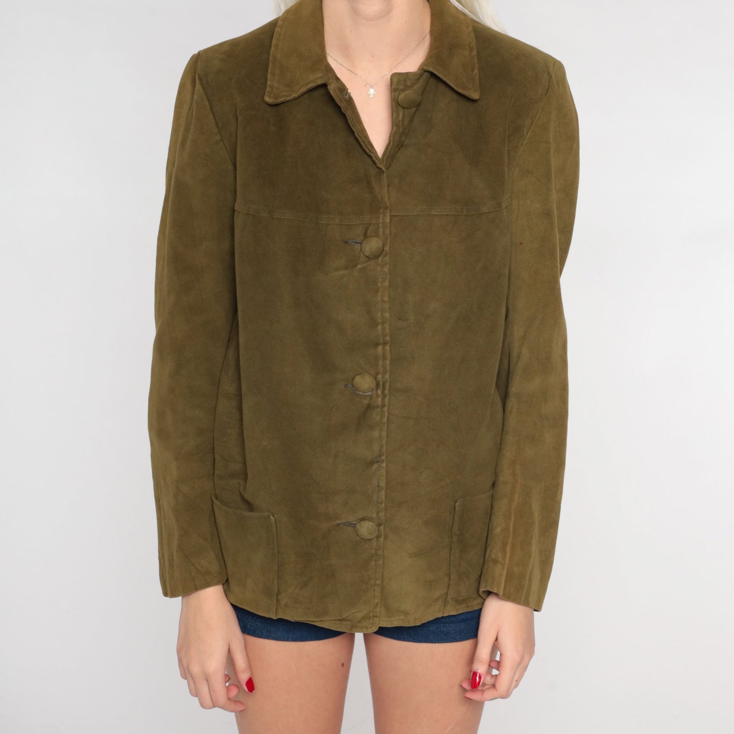 70s Olive Green Faux Suede Button-Up Shirt Long Sleeve Western Medium Large