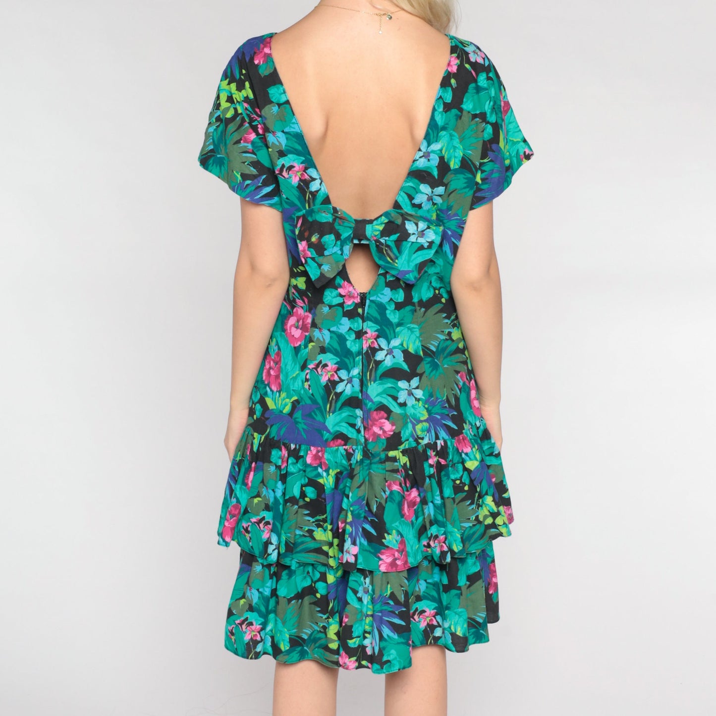 90s Tropical Floral Mini Dress Black Leaf Print Drop Waist Tiered Ruffle Medium
