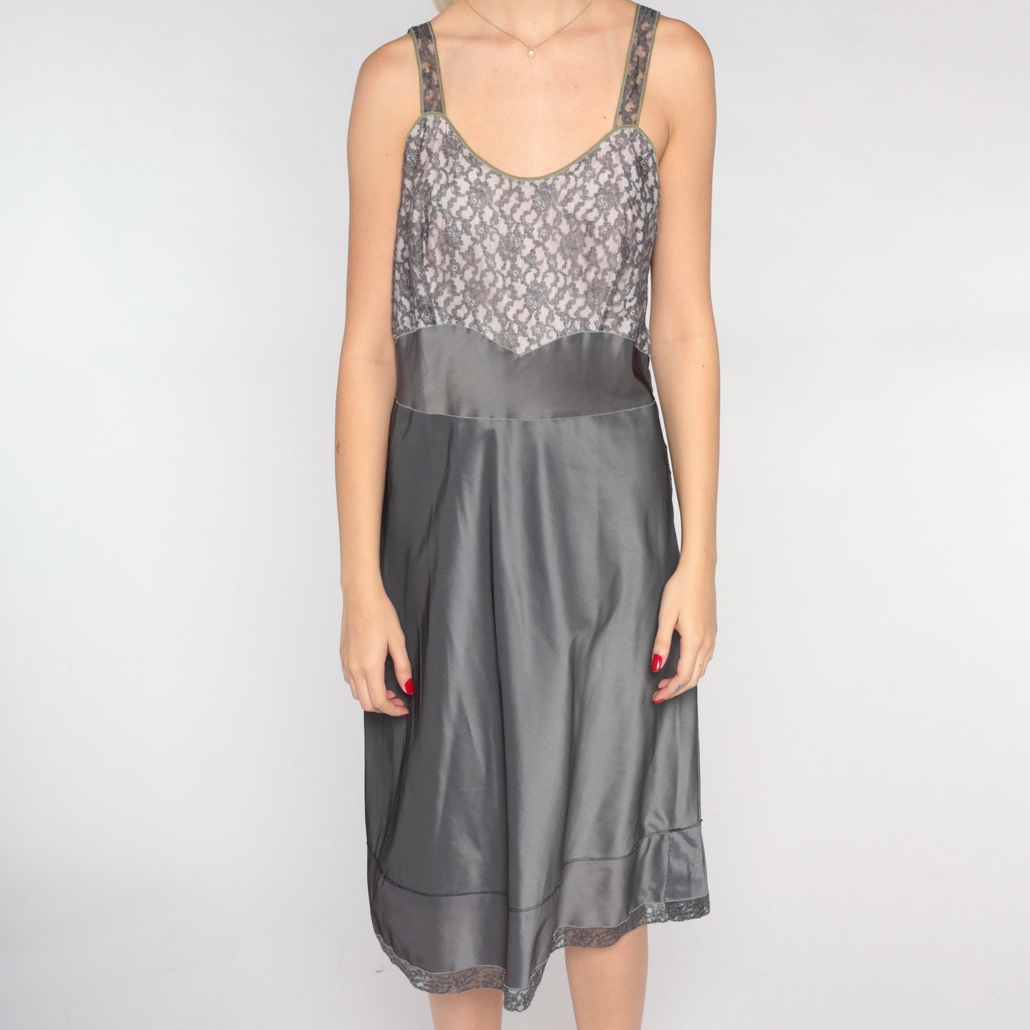 60s Barbizon Lace Slip Dress Grey Floral Empire Waist Midi Medium M