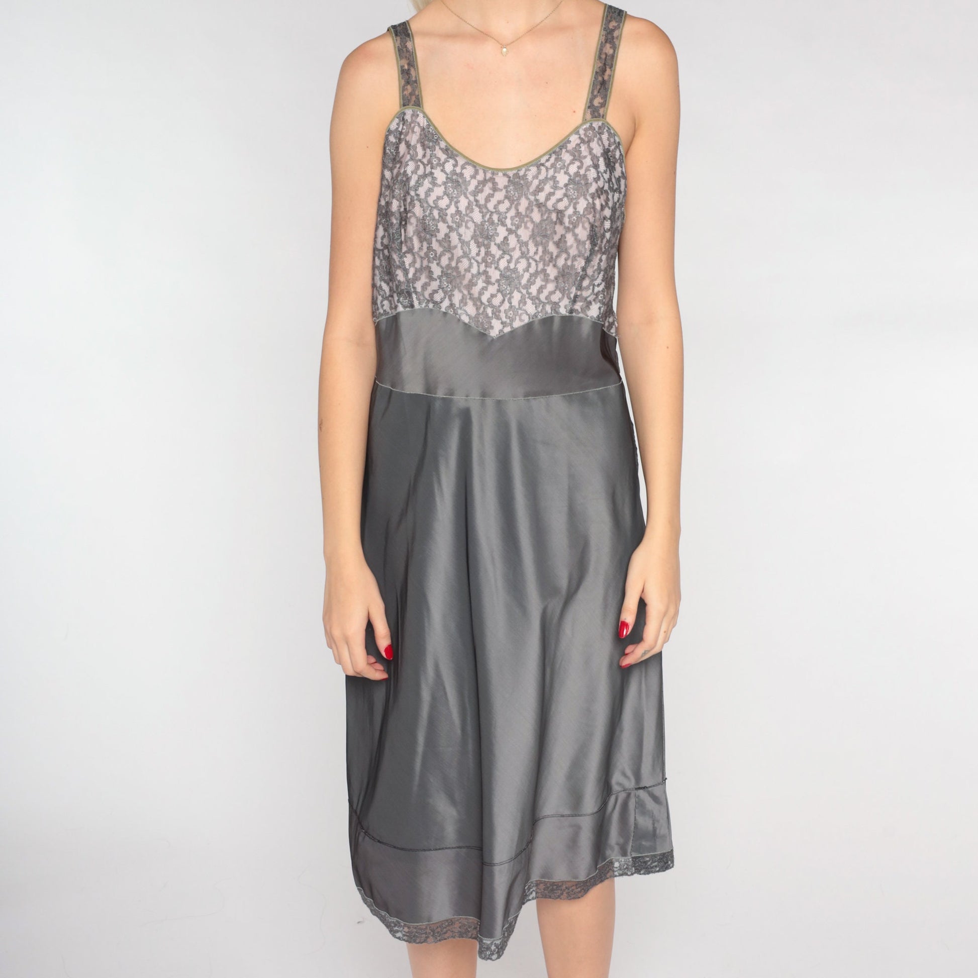 60s Barbizon Lace Slip Dress Grey Floral Empire Waist Midi Medium M