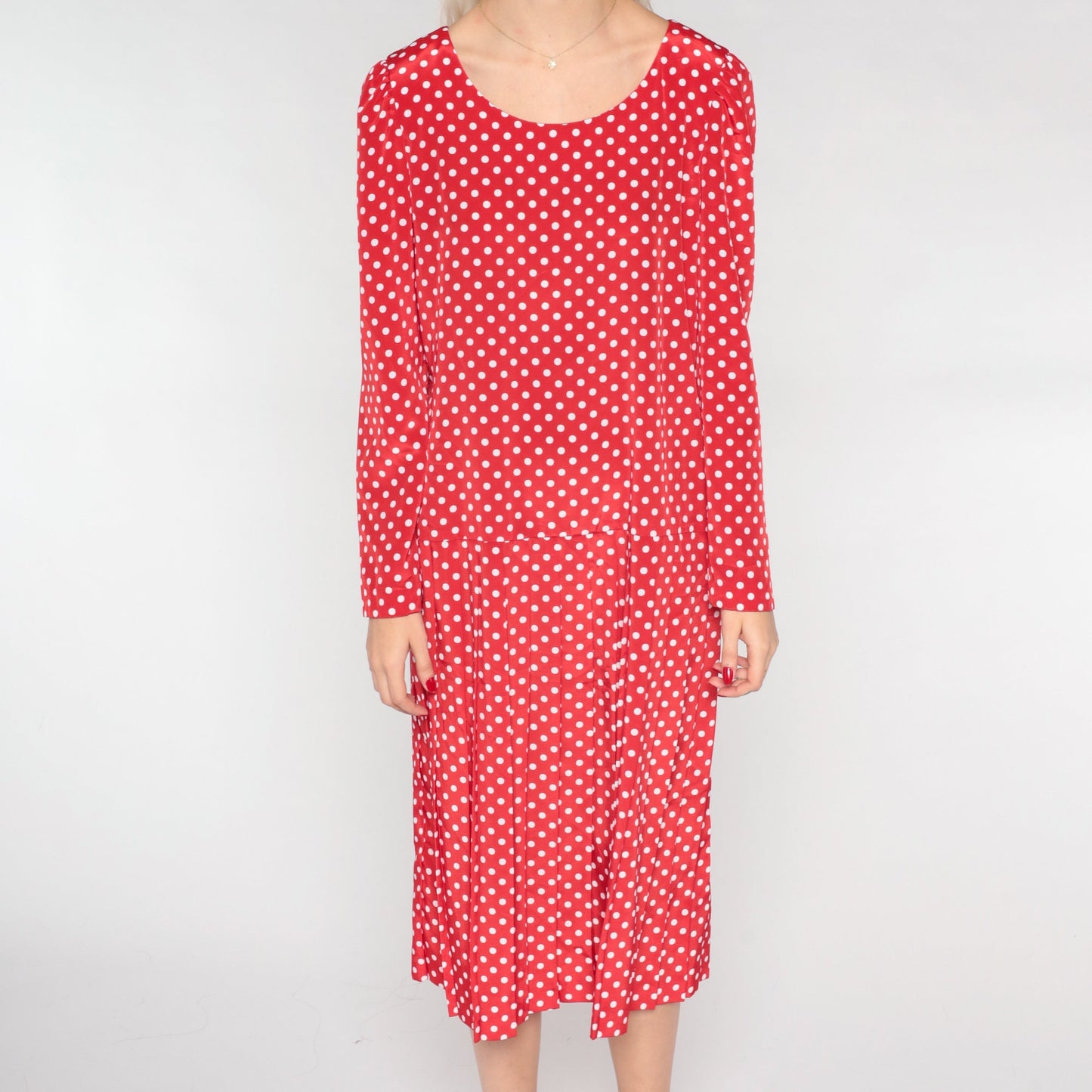 90s Leslie Fay Red Polka Dot Midi Dress Long Sleeve Drop Waist Medium 10