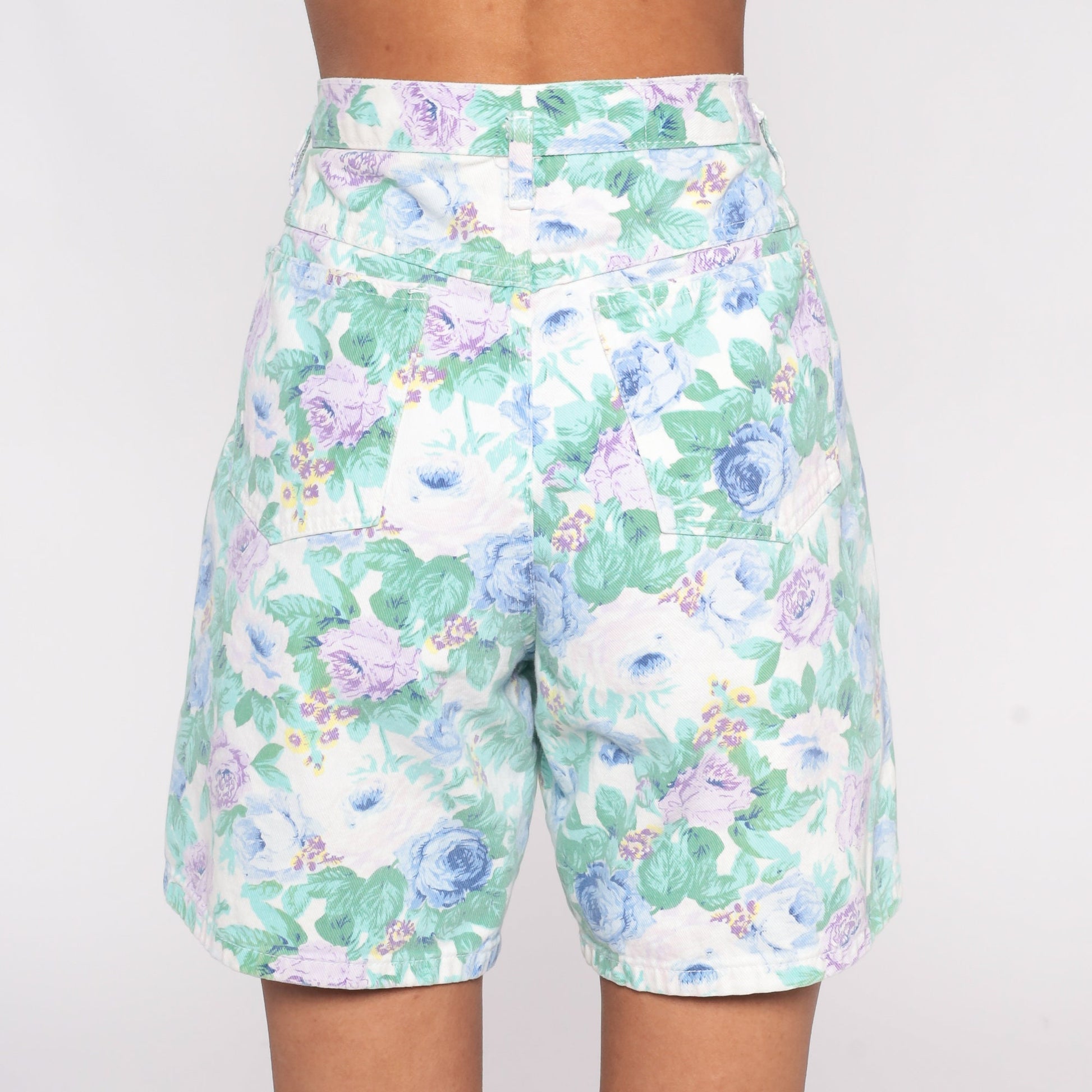 90s Not Guilty Floral Denim Shorts High Waist Green Purple Medium