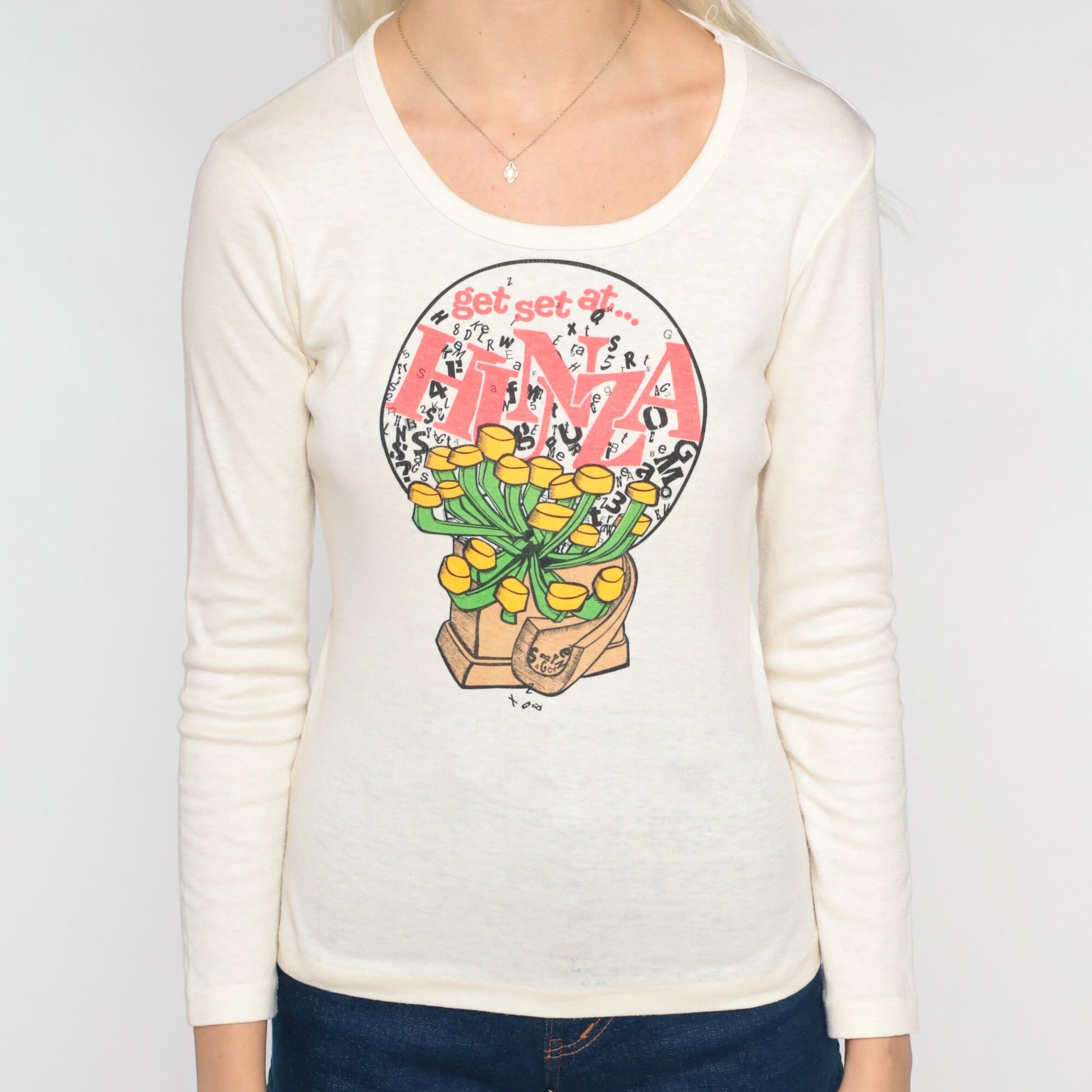 70s Get Set at Hunza Graphic Long Sleeve Tee Off-White Single Stitch Medium