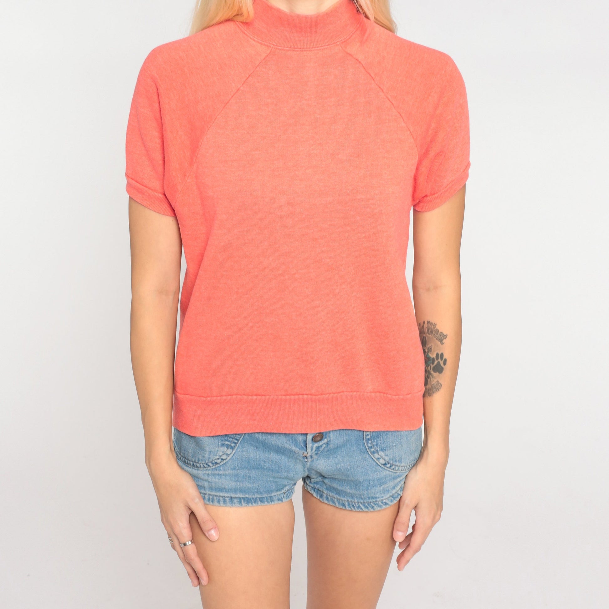 80s Coral Mock Neck Raglan Sweatshirt Short Sleeve Pink Top Extra Small XS