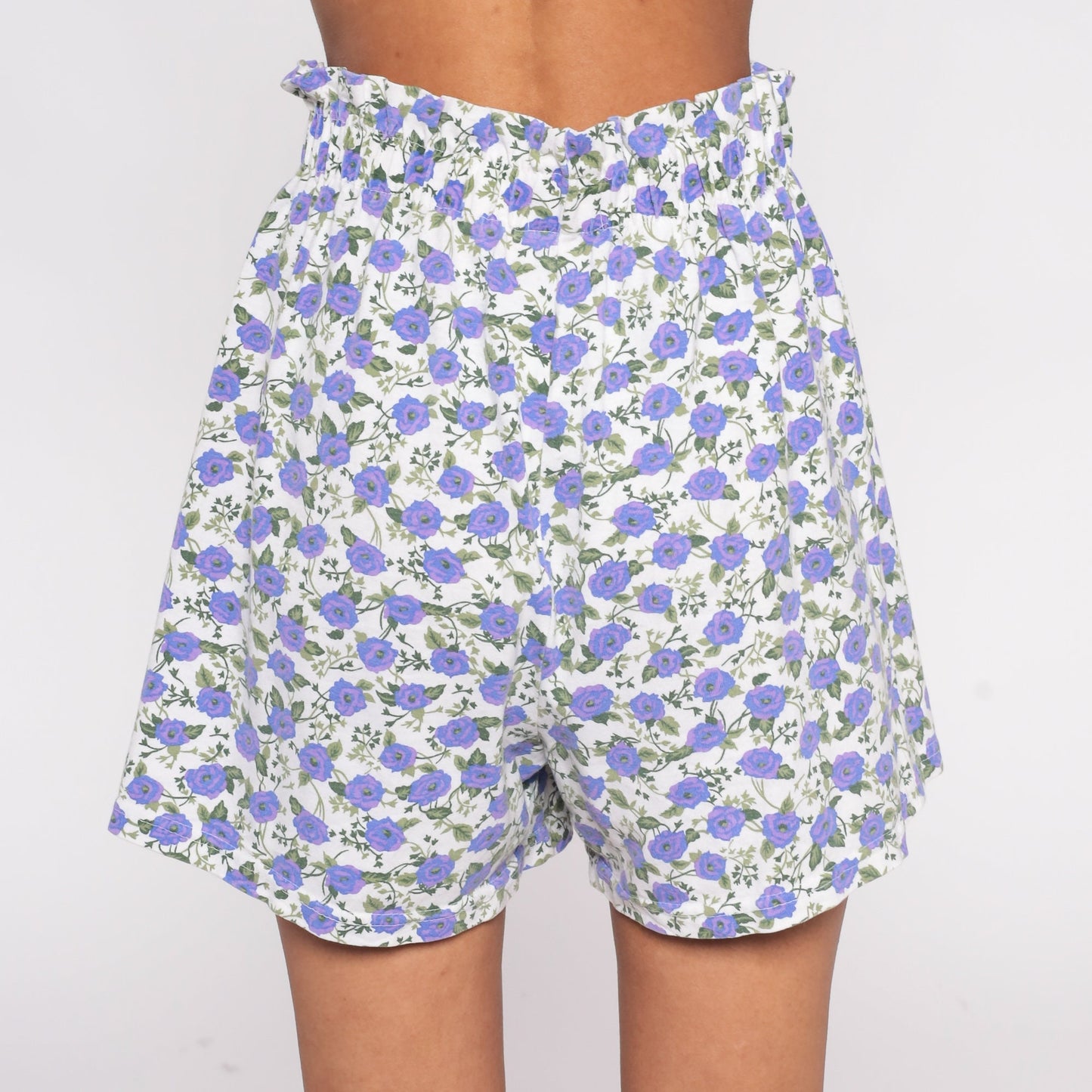 90s Fizzical Floral Paper Bag Shorts High Waist Purple White Cotton Medium Large