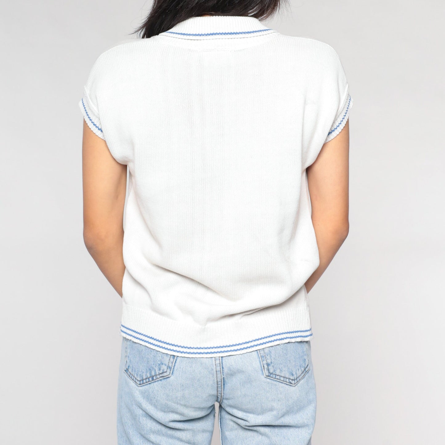 90s White Knit Polo Cap Sleeve Collared Sweater Top Blue Trim Small S