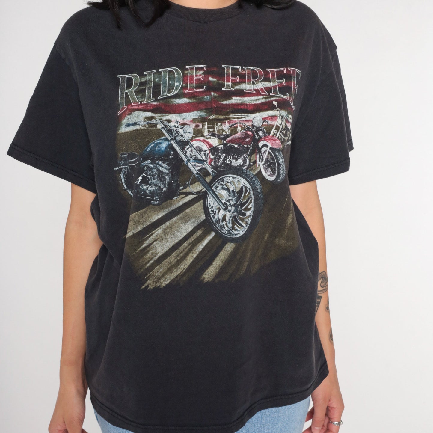 00s Motorcycle Ride Free Graphic T-Shirt American Flag Black Medium