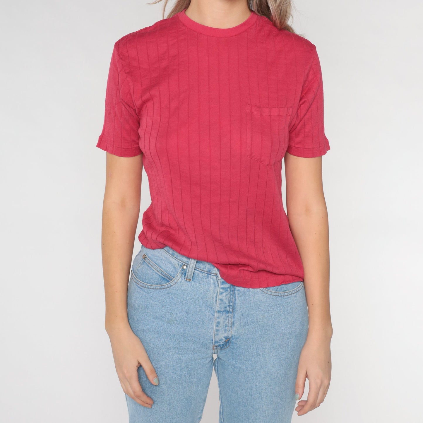 00s Ralph Lauren Pink Pocket T-Shirt Cotton Textured Stripe Medium