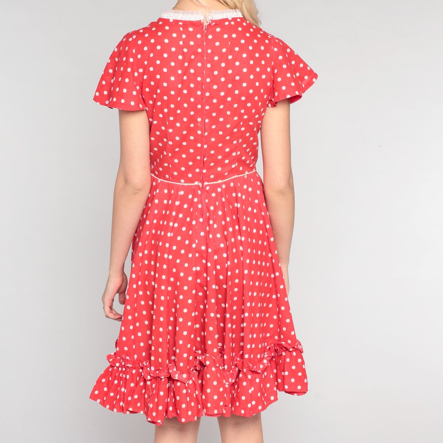 70s Red Polka Dot Mini Dress Flutter Sleeve Full Skirt High Waist Extra Small
