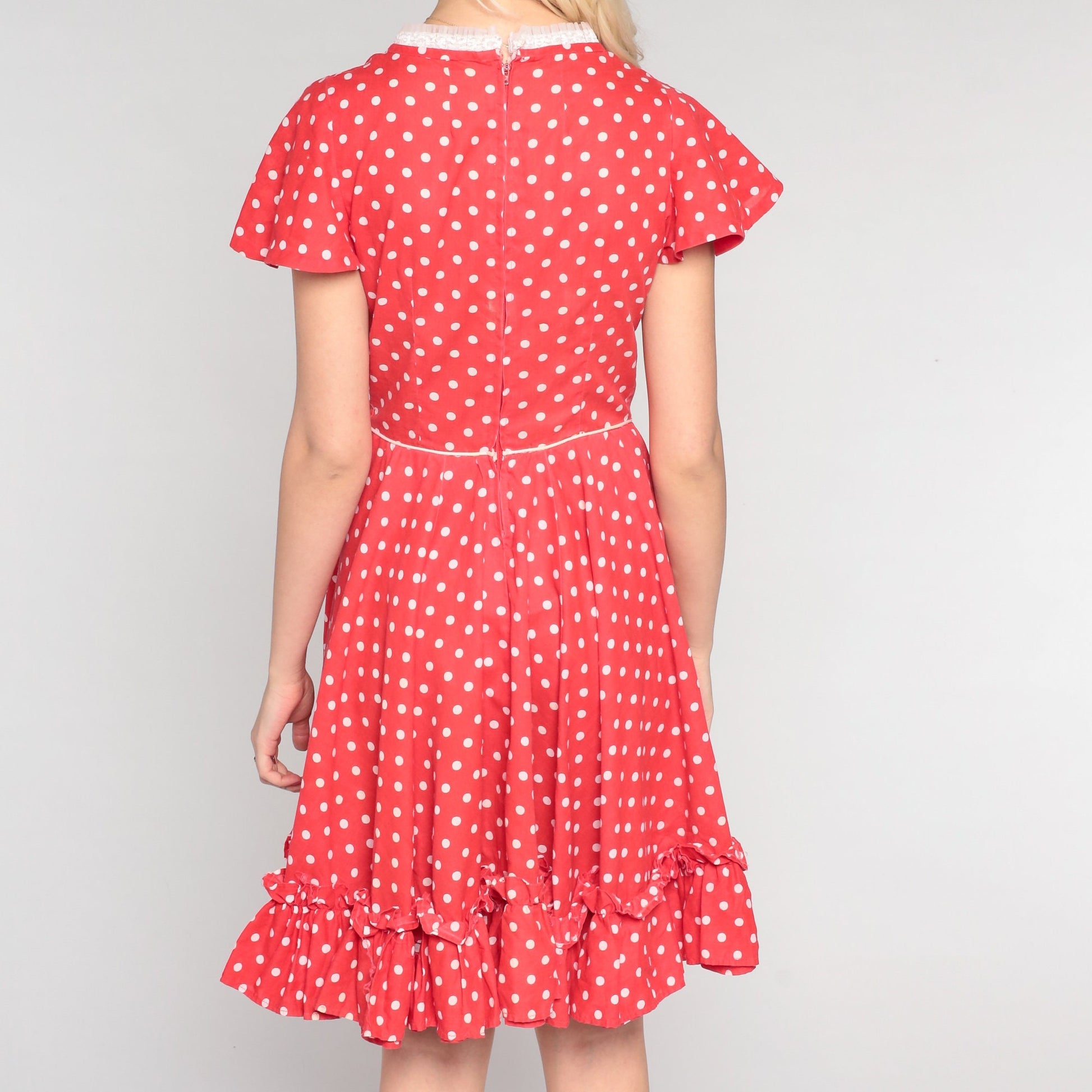 70s Red Polka Dot Mini Dress Flutter Sleeve Full Skirt High Waist Extra Small
