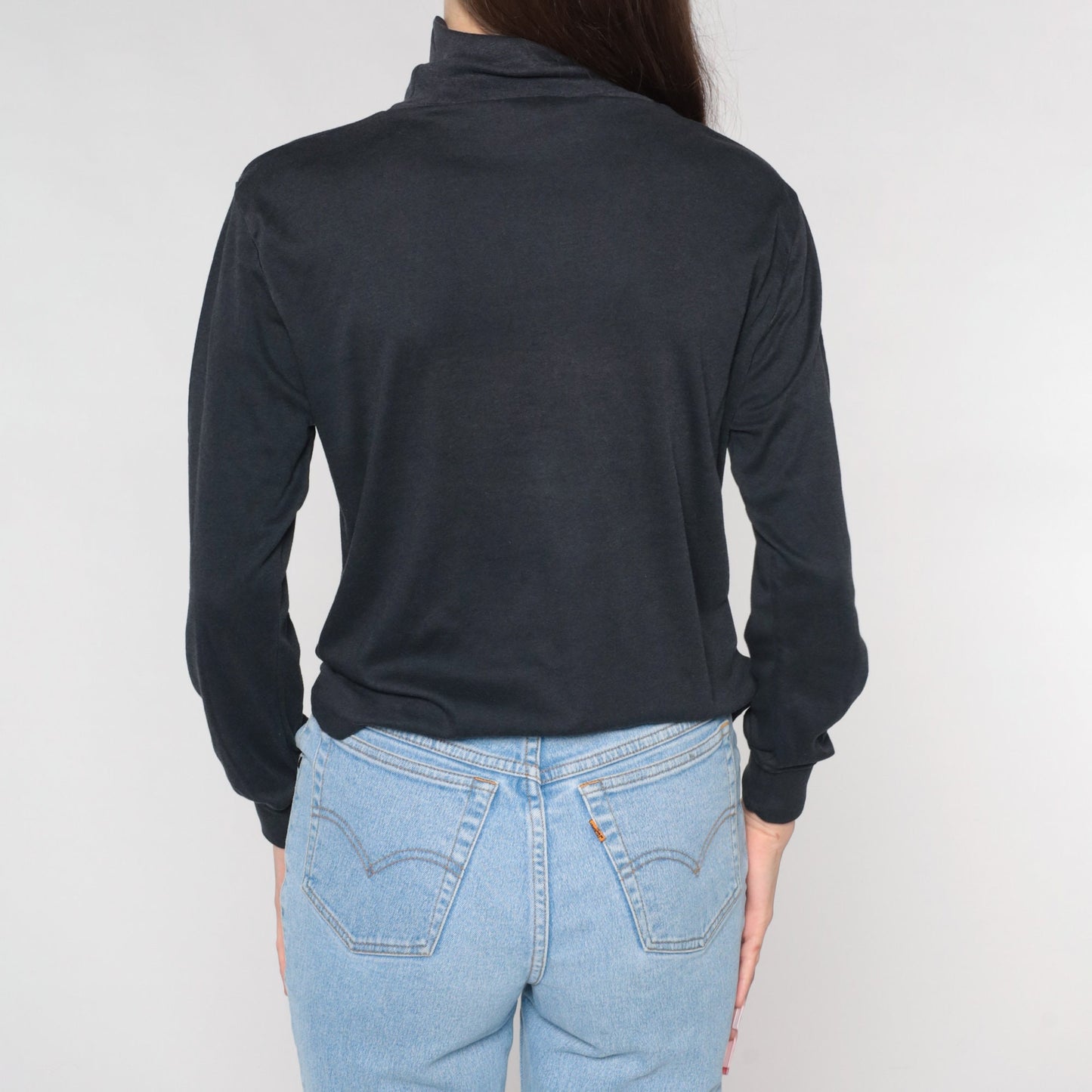 90s Black Turtleneck Long Sleeve Shirt Plain Cotton Medium