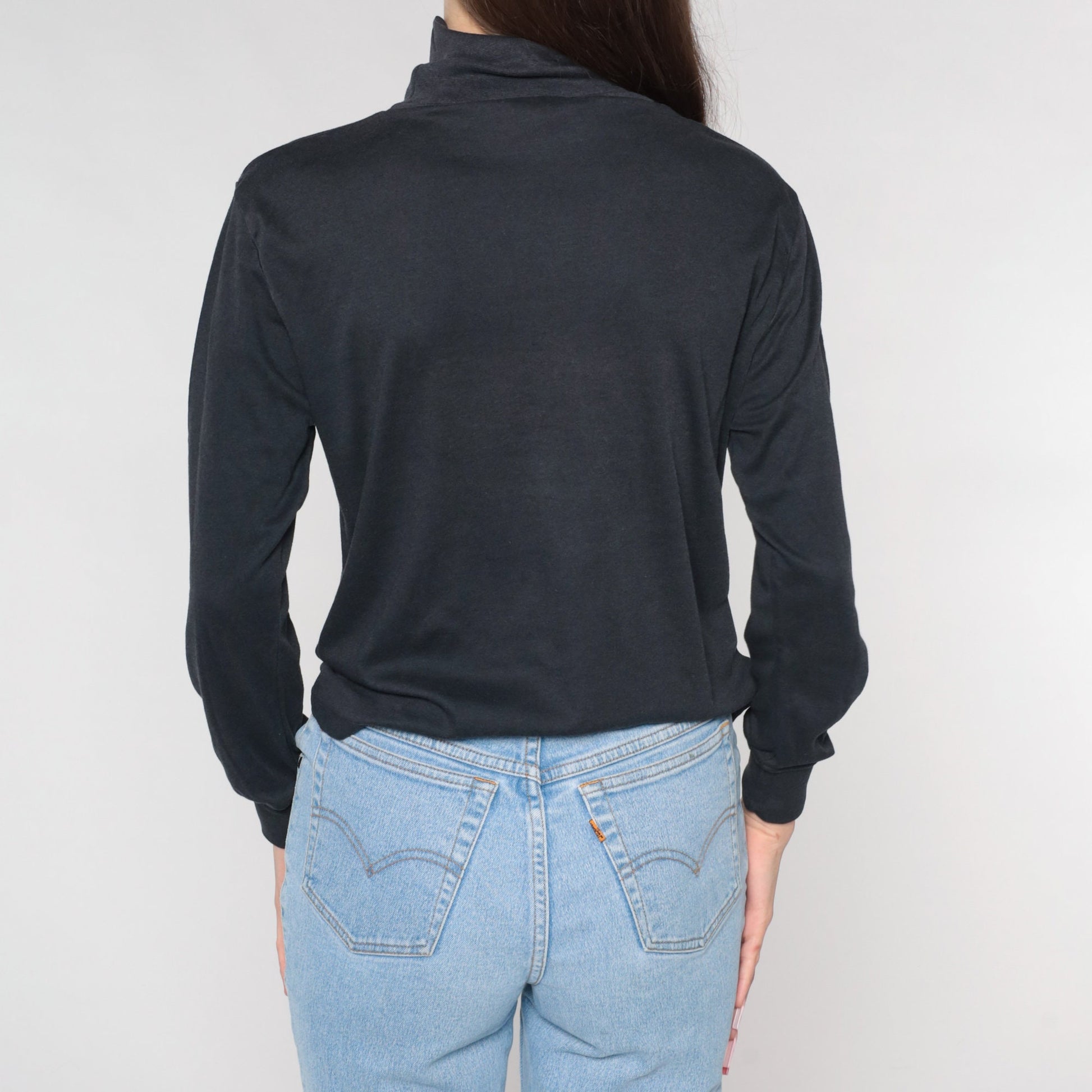 90s Black Turtleneck Long Sleeve Shirt Plain Cotton Medium