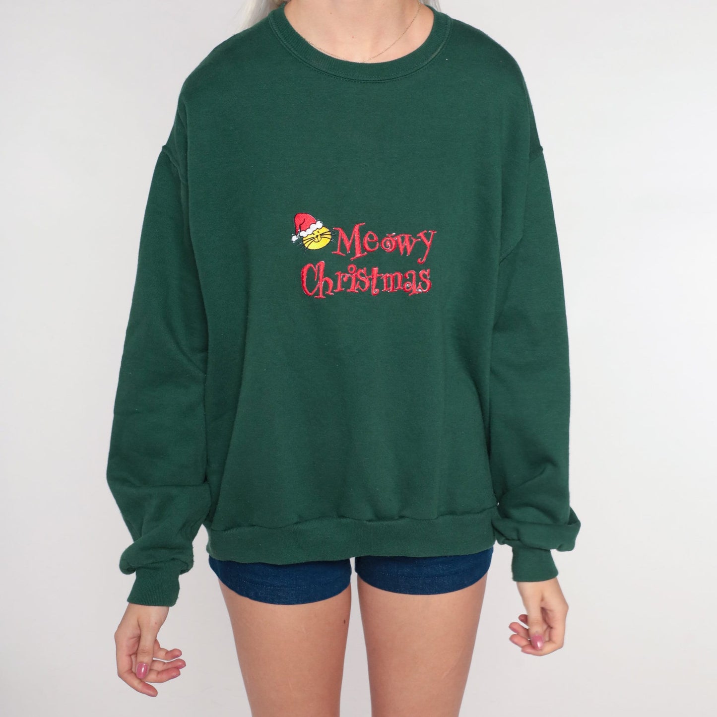 Y2K Meowy Christmas Cat Sweatshirt Green Crewneck Jerzees Medium