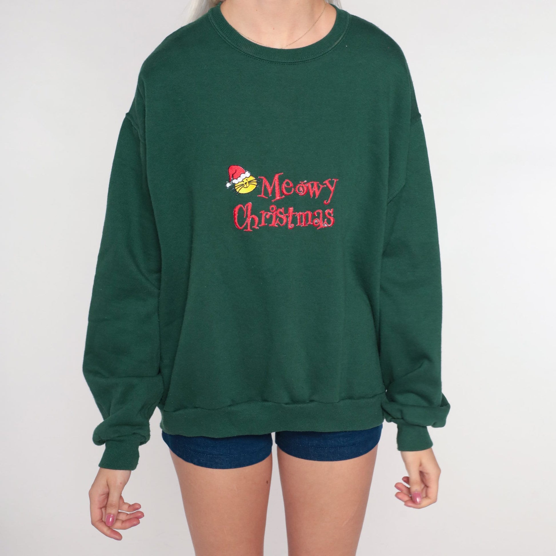 Y2K Meowy Christmas Cat Sweatshirt Green Crewneck Jerzees Medium