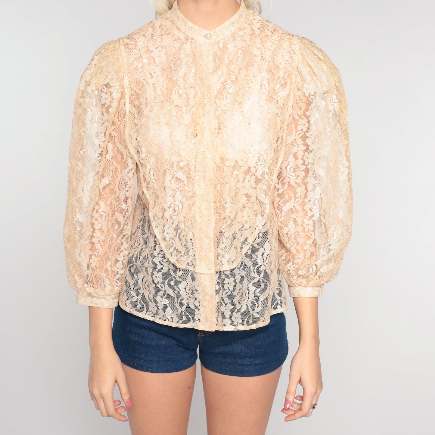 80s I Magnin Cream Lace Blouse Pearl Beaded Puff Sleeve Button-Up Small
