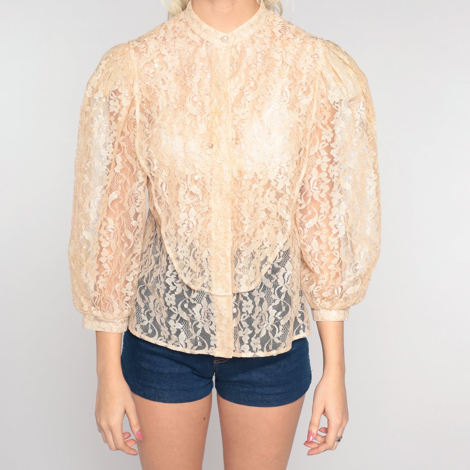 80s I Magnin Cream Lace Blouse Pearl Beaded Puff Sleeve Button-Up Small