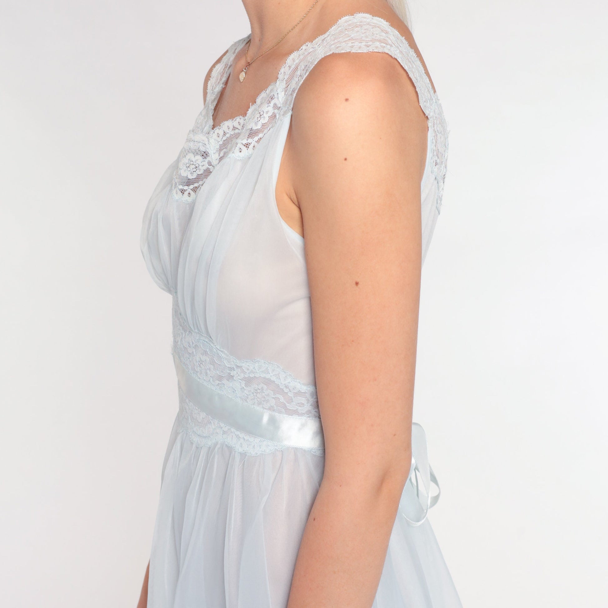 60s Vanity Fair Baby Blue Nylon Lace Nightgown Empire Waist Mini Extra Small