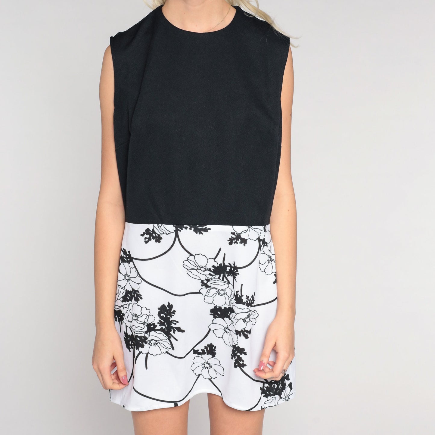 70s Black & White Floral Mini Dress High Waist Sleeveless Large L