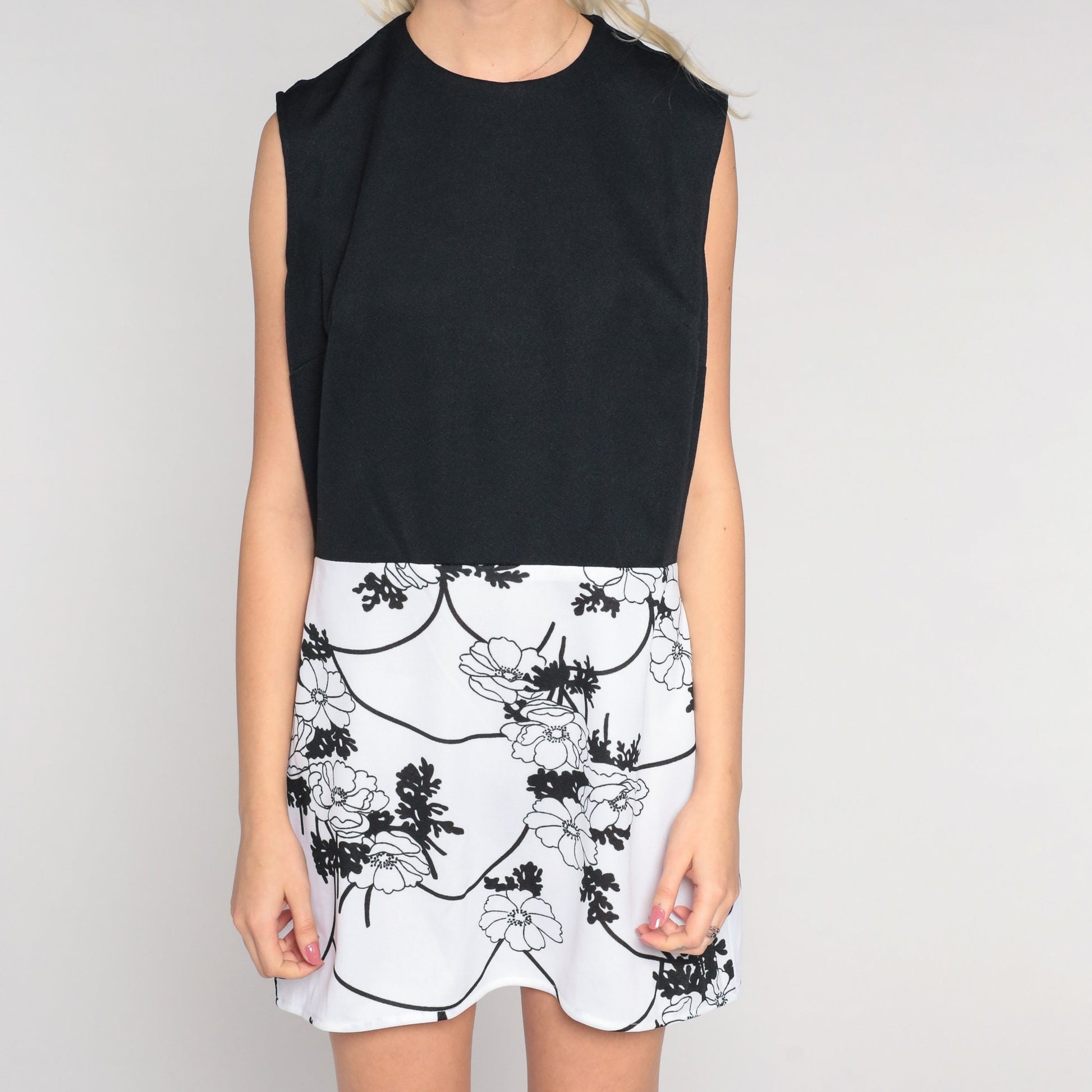 70s Black & White Floral Mini Dress High Waist Sleeveless Large L