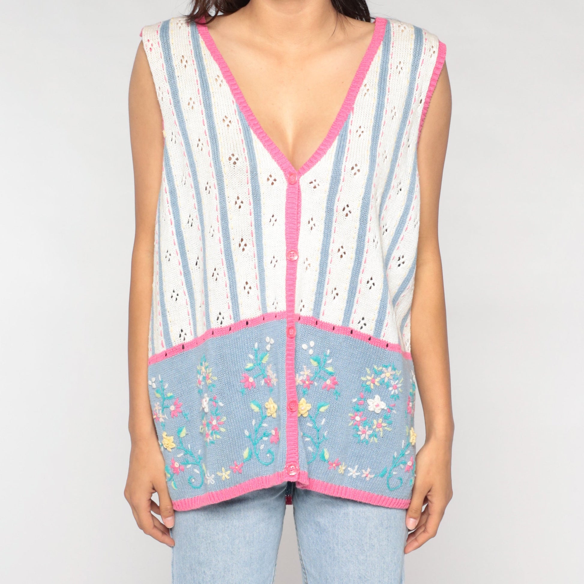 90s Floral Pointelle Knit Sweater Vest Button-Up White Pink Blue Extra Large XXL