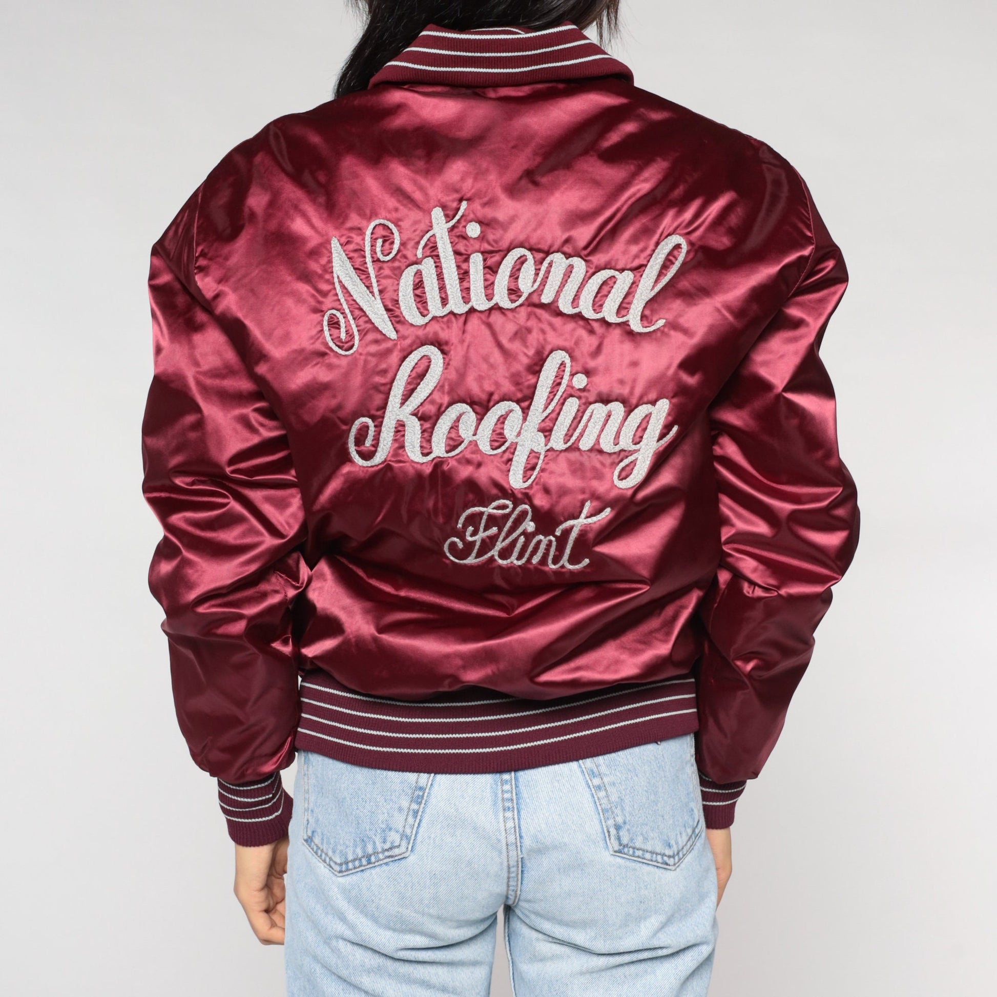 80s National Roofing Burgundy Nylon Bomber Jacket Embroidered Pat Small