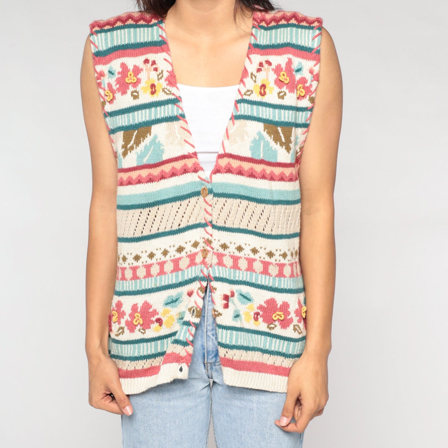 90s Striped Floral Sweater Vest Button-Up Knit White Pink Blue Large L