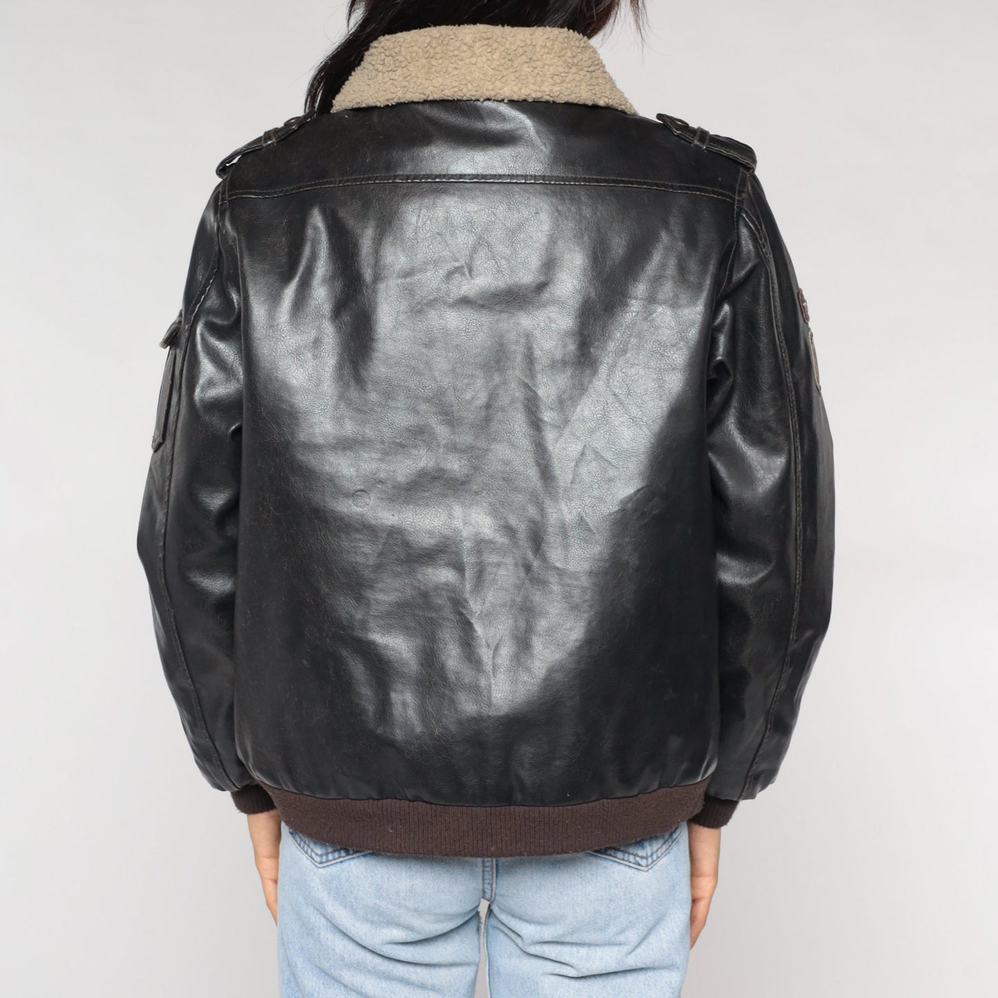 Y2K Pacific Trail Faux Leather Sherpa Aviator Jacket Dark Brown Small