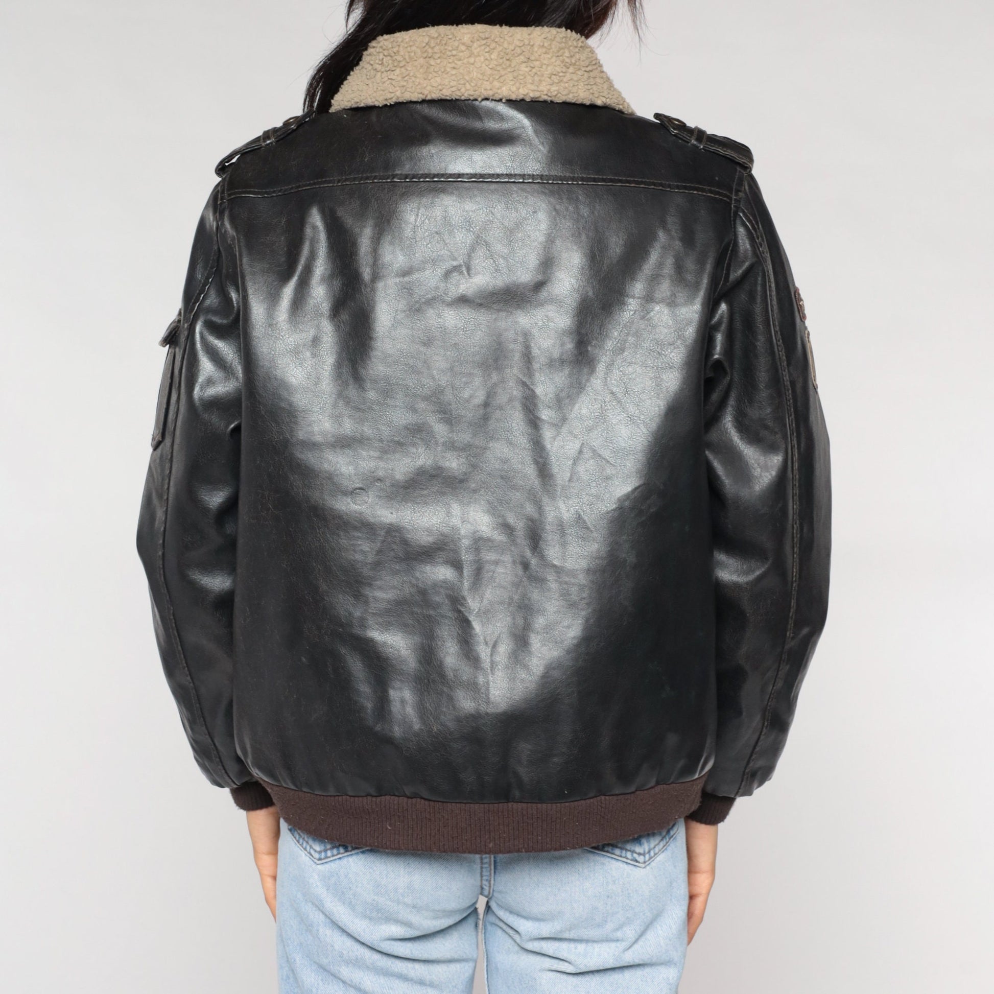 Y2K Pacific Trail Faux Leather Sherpa Aviator Jacket Dark Brown Small