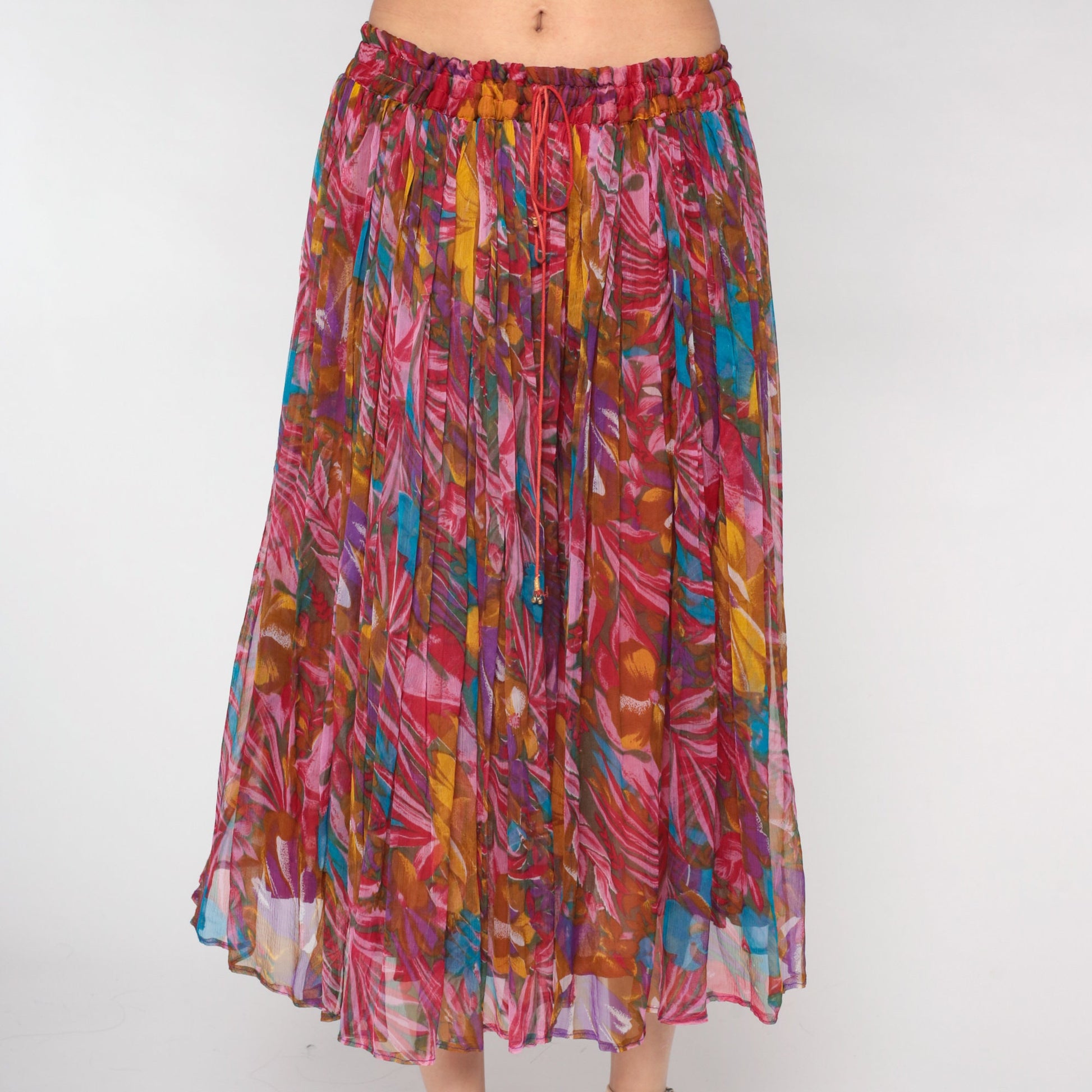 90s Red Floral Broomstick Midi Skirt Drawstring Waist Medium M