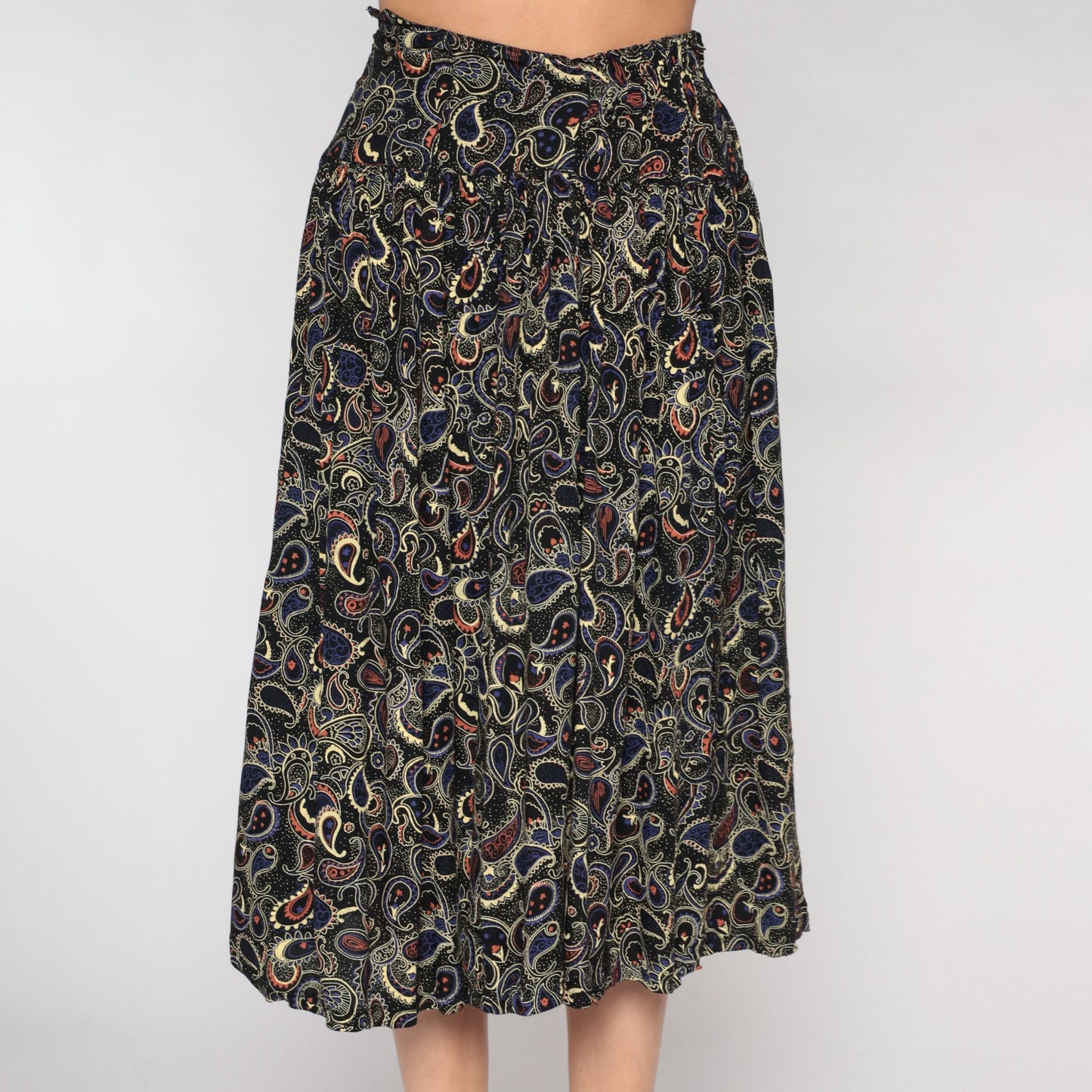 90s Black Paisley Midi Skirt High Waist Extra Small XS