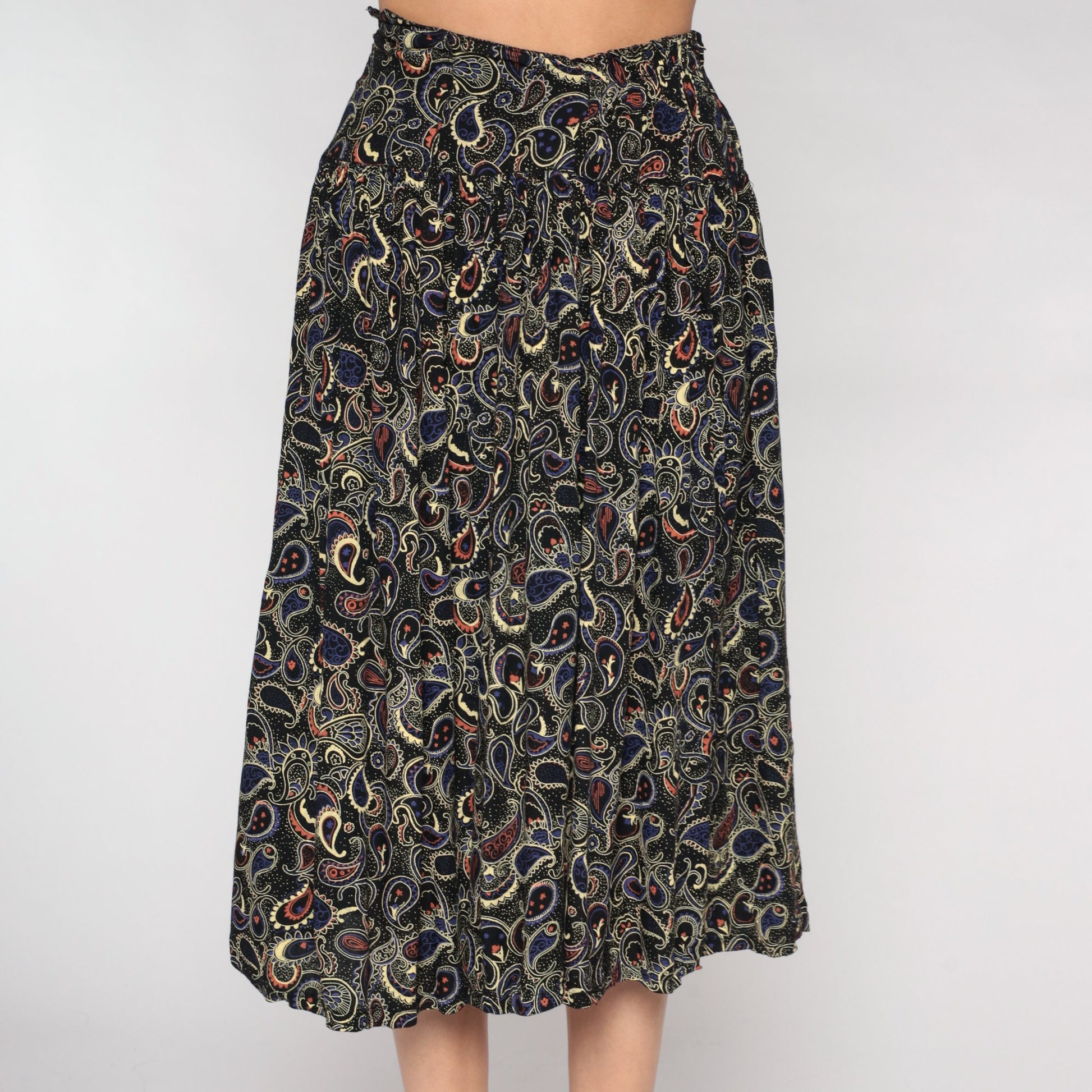 90s Black Paisley Midi Skirt High Waist Extra Small XS