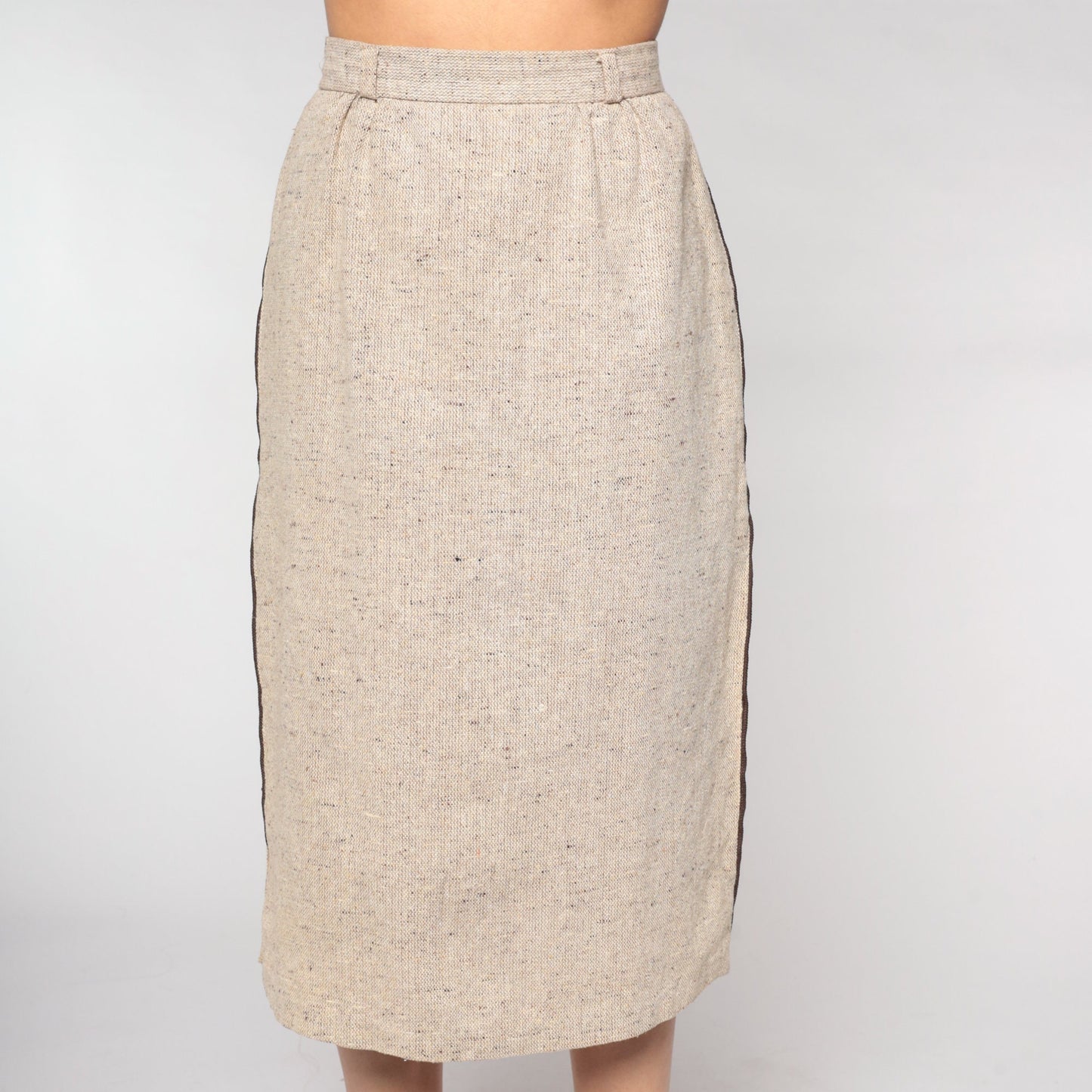 70s Tan Pencil Midi Skirt High Waist Side Slit Woven Extra Small