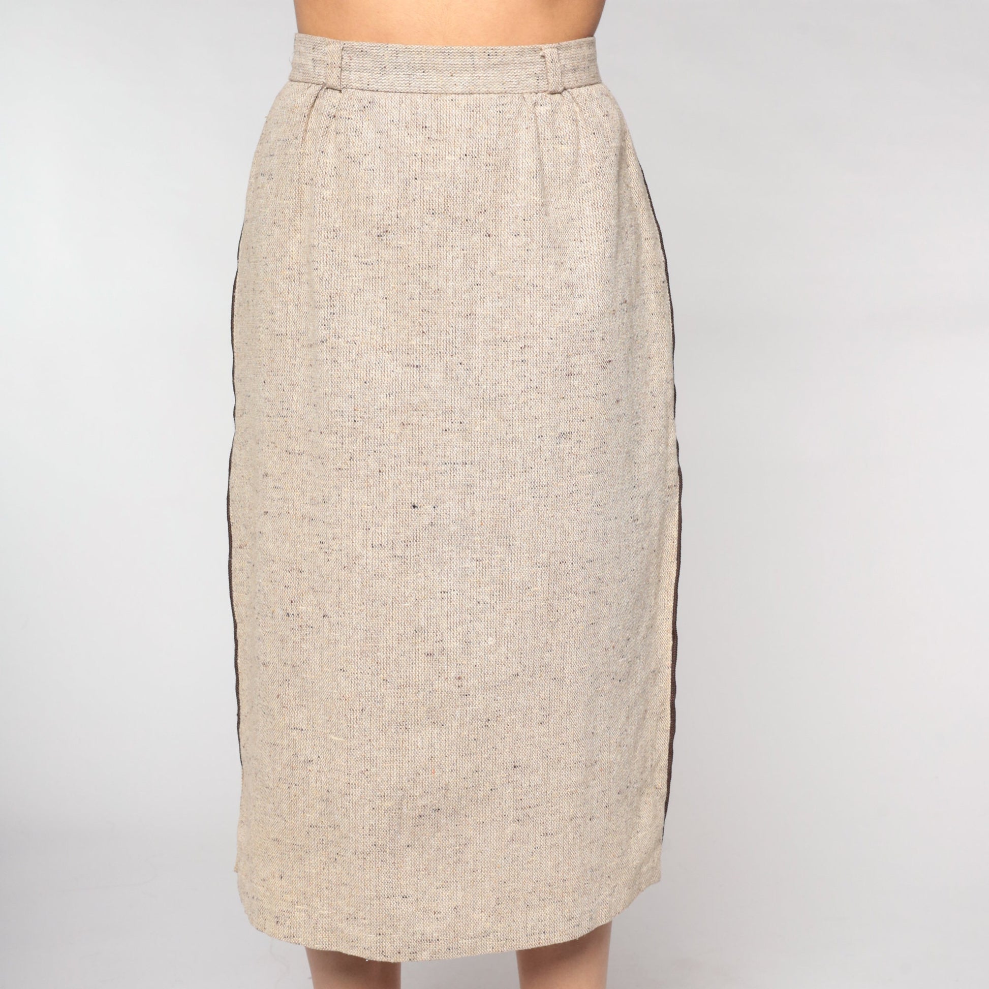 70s Tan Pencil Midi Skirt High Waist Side Slit Woven Extra Small