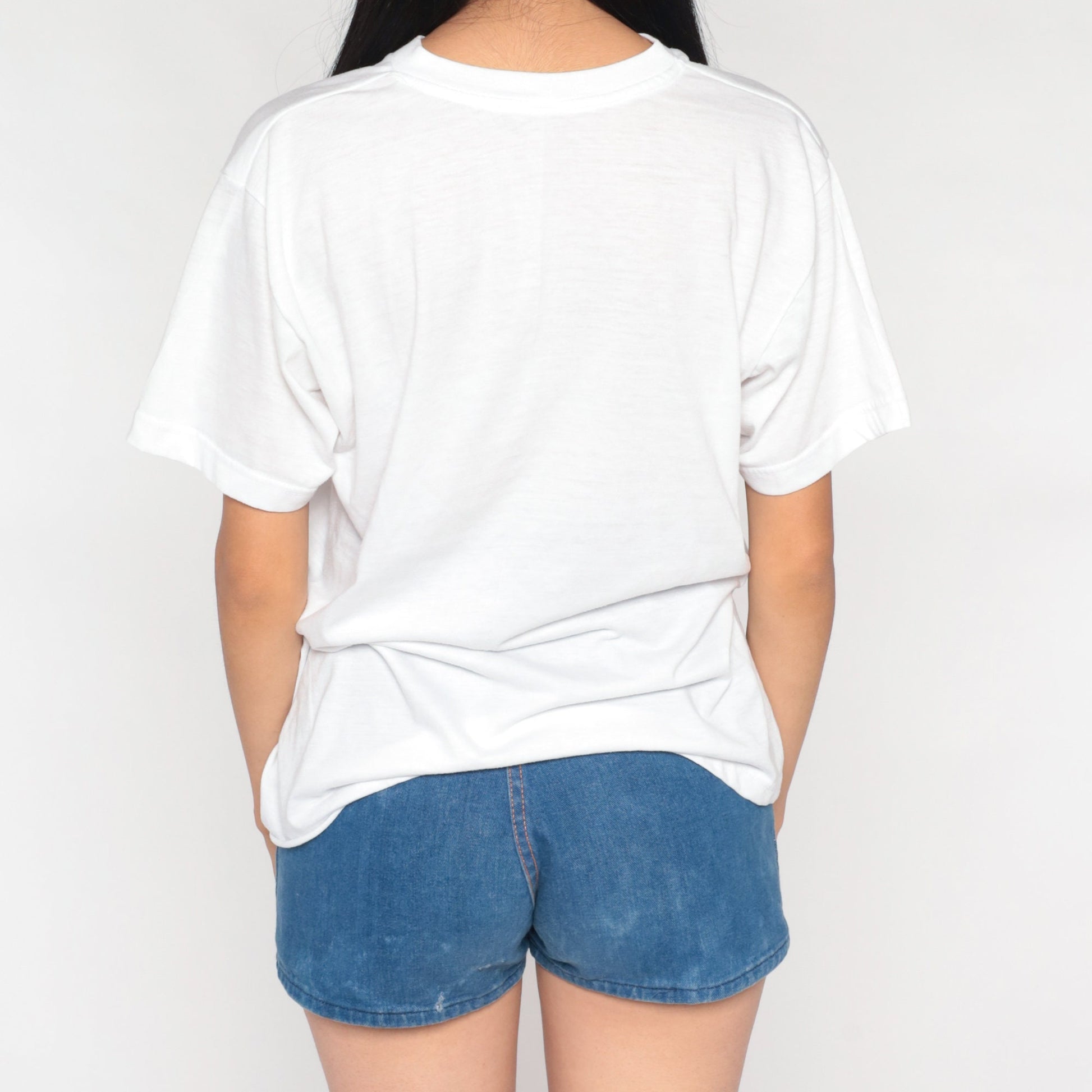 90s White V-Neck T-Shirt Cotton Blend Plain Tee Medium Large