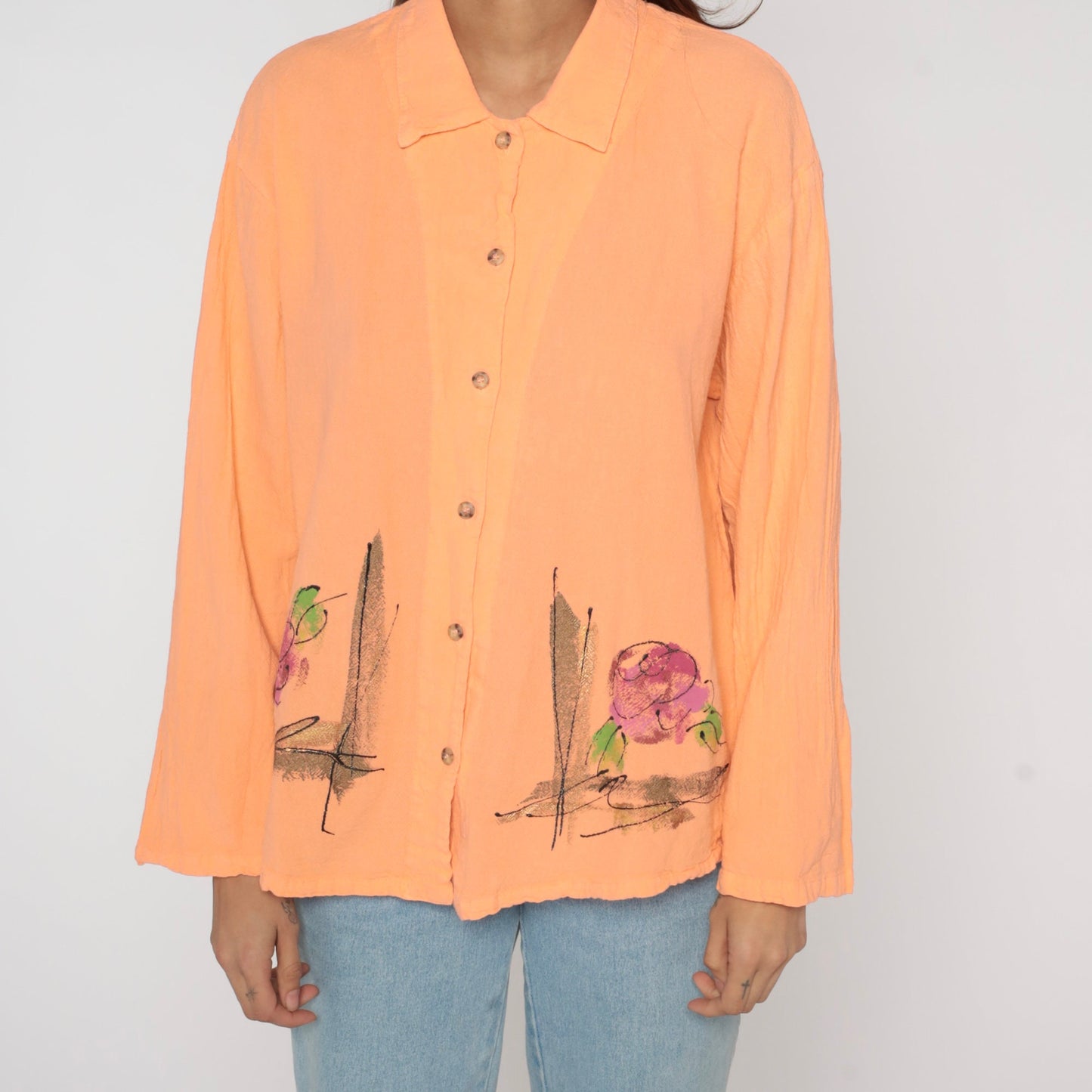 00s Rose Print Peach Floral Button-Up Blouse Cotton Long Sleeve Medium M